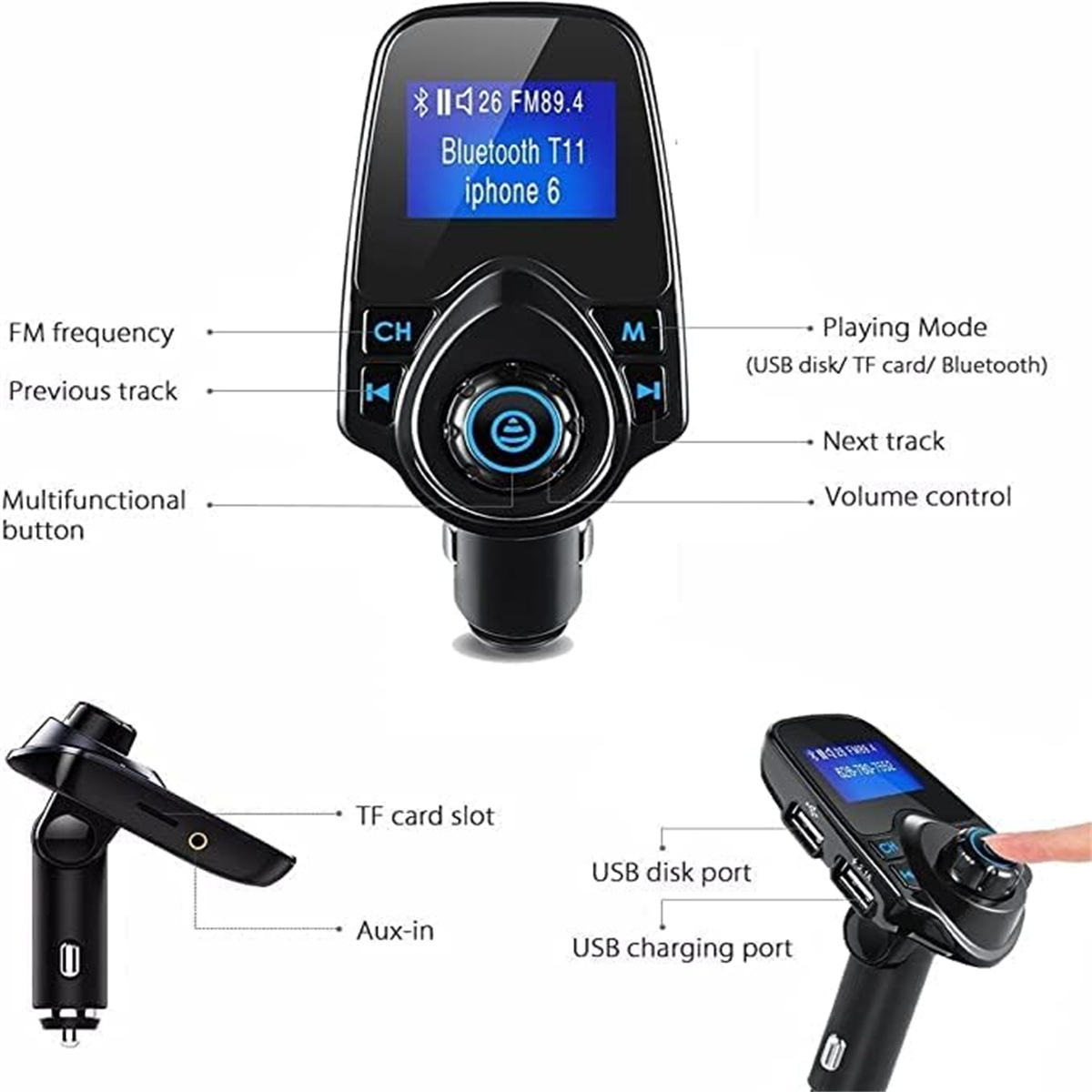Auto-FM-Transmitter mit Bildschirm, Knöpfen und Diagrammen, die Funktionen zeigen.