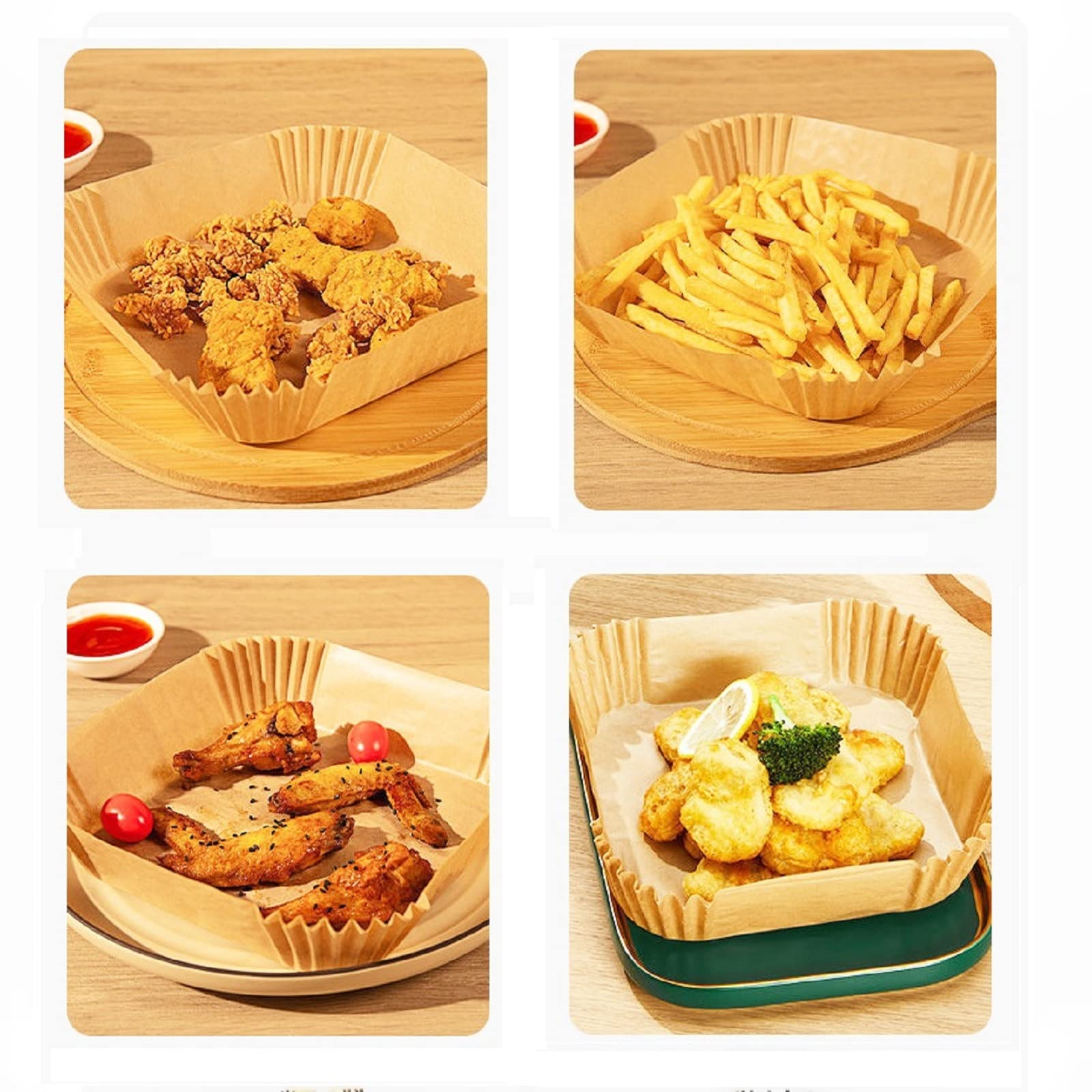 Vier Bilder von Essen in Papierschalen. Gebratenes Hähnchen, Pommes, Flügel und gebratener Fisch, alles auf Holz.