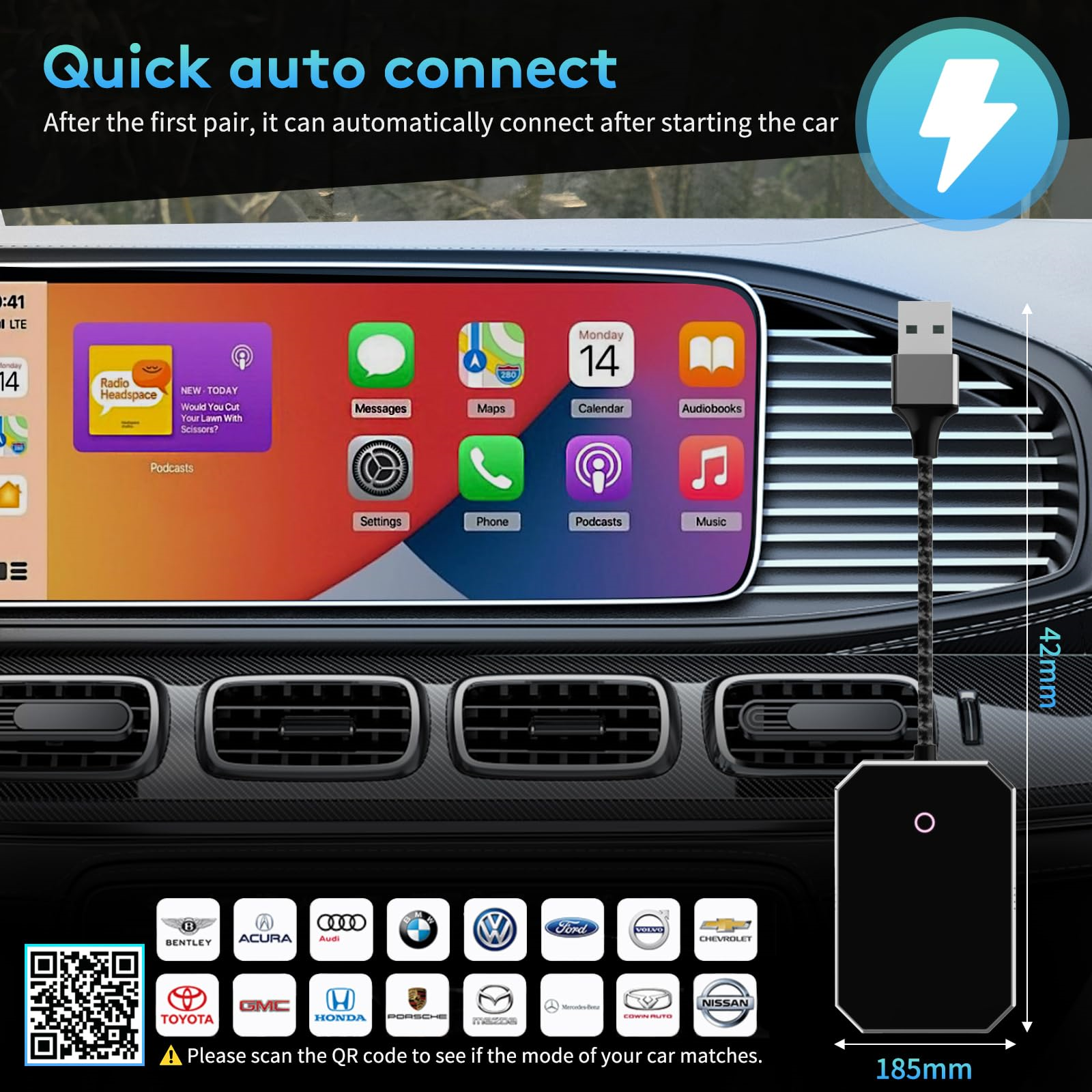 Auto-Armaturenbrett mit Bildschirm, der App-Oberfläche zeigt, ein Ladekabel und Logos.