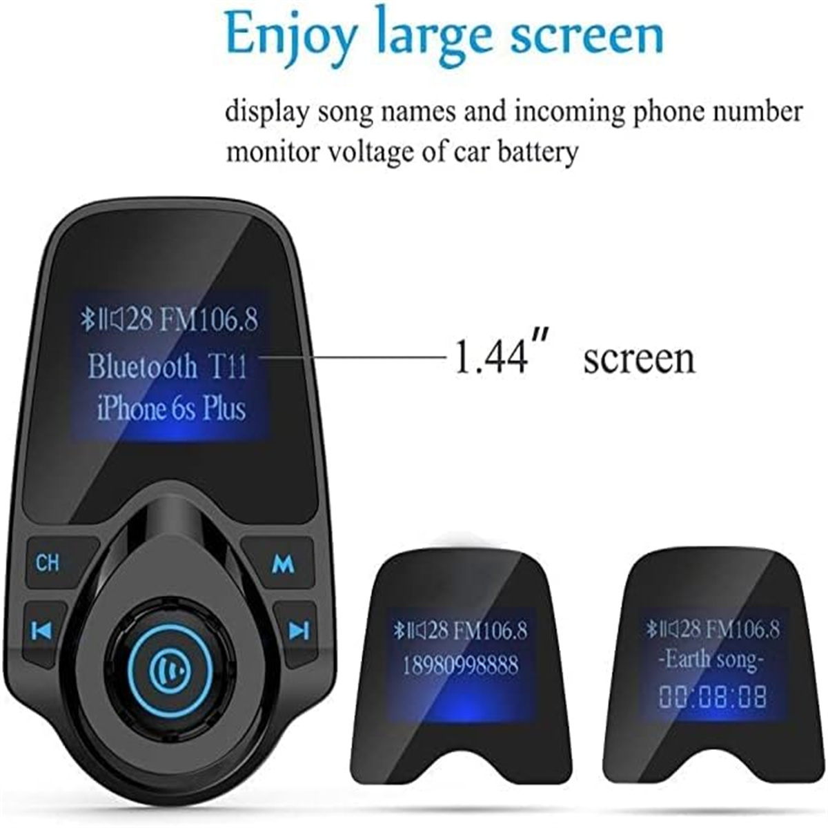 Schwarzes Gerät mit Bildschirm, der Songinfo und Telefonnummer anzeigt. Hat Knöpfe und Text "1,44" Bildschirm.