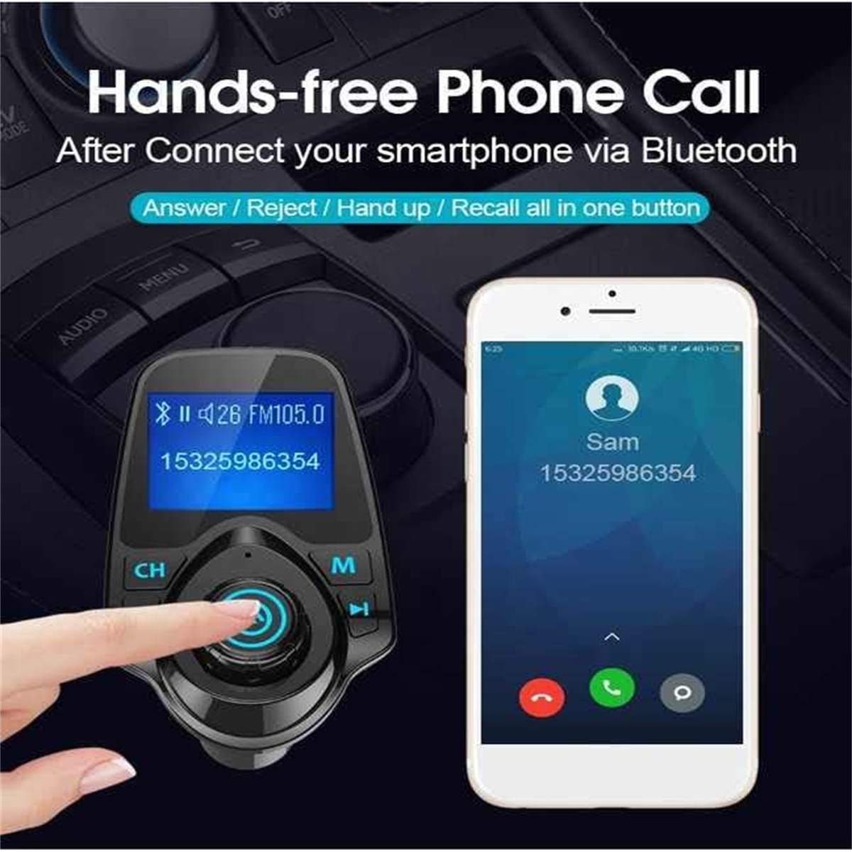 Freisprecheinrichtung im Auto mit Smartphone, das einen Anruf zeigt, und Finger, der eine Taste drückt.