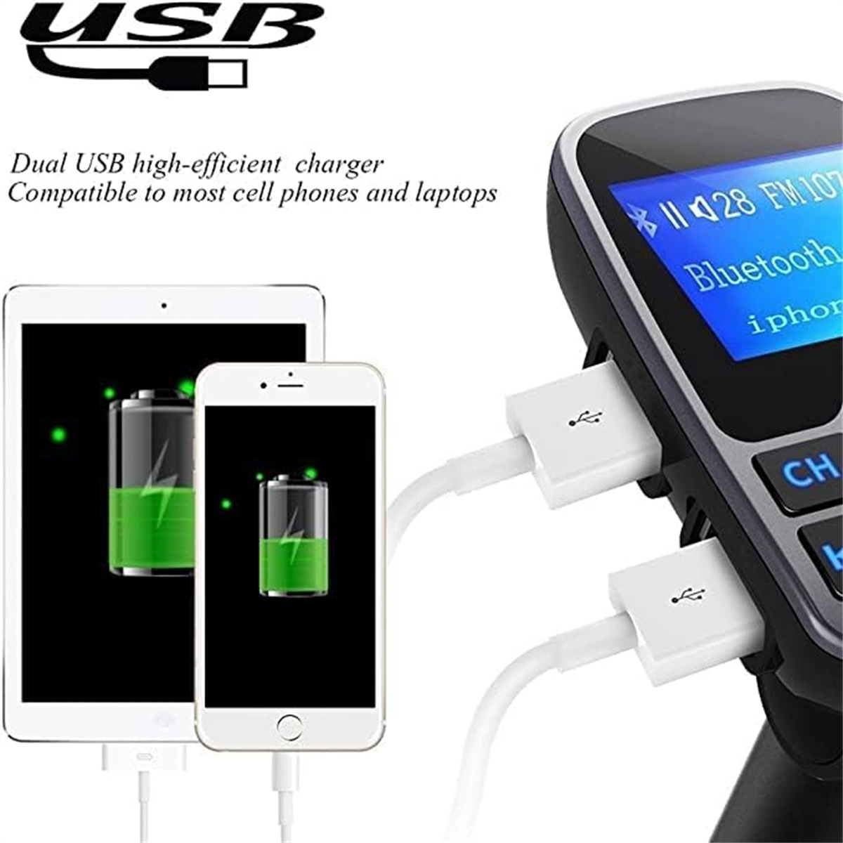 Ein Tablet und ein Smartphone laden, verbunden mit einem Gerät mit zwei USB-Anschlüssen. Grüne Batterie-Symbole sichtbar.