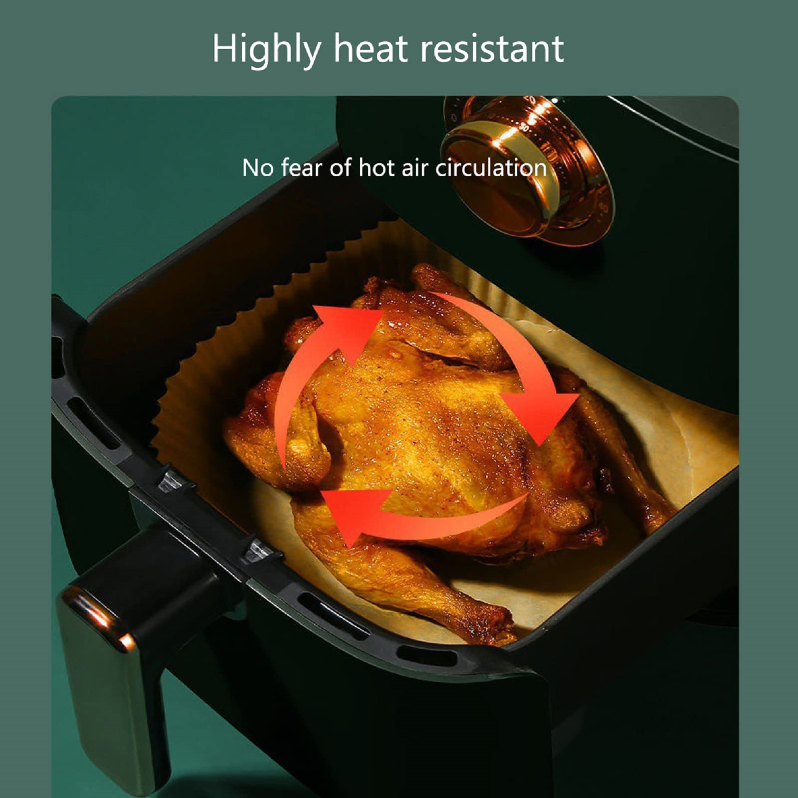 Heißluftfritteuse mit gebratenem Huhn. Rote Pfeile zeigen die Luftzirkulation.