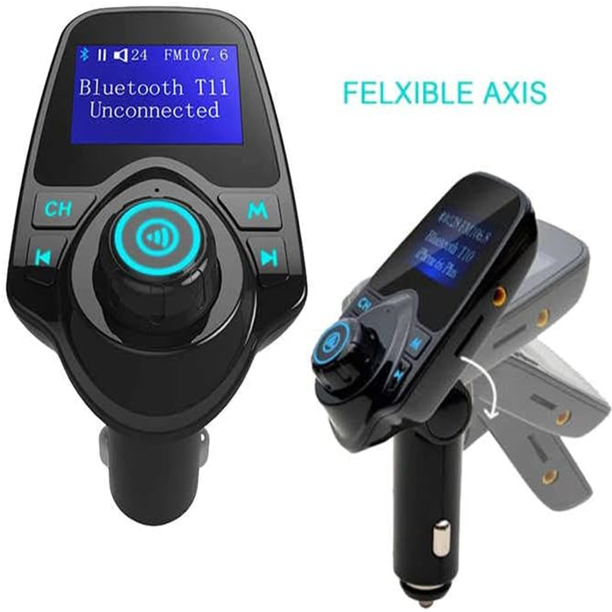 Schwarzes Bluetooth-Autogerät mit Display. Zwei Winkel zeigen flexible Einstellung.