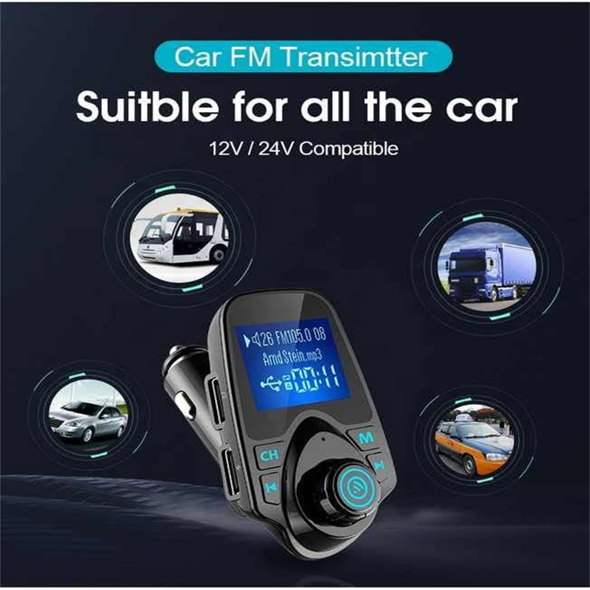 Auto-FM-Transmitter mit Bildschirm. Mehrere Autos gezeigt. Für alle Autos geeignet.