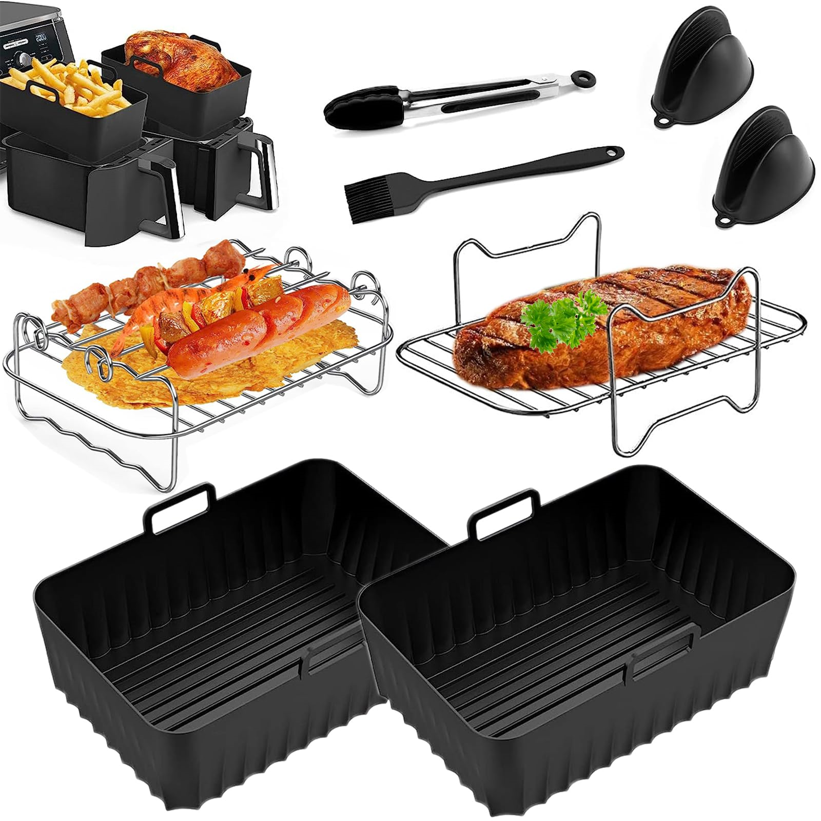 Küchenzubehör: Airfryer-Zubehör, Zangen, Pinsel, Grillroste und Silikonhandschuhe.