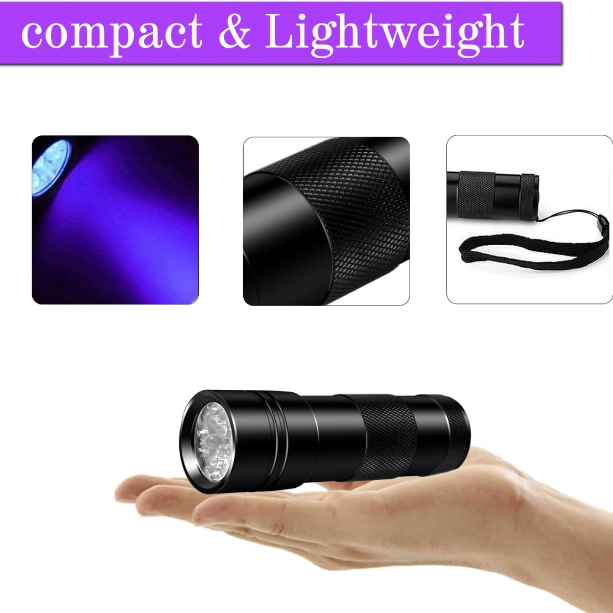 Schwarze Taschenlampe in der Hand, mit drei inset-Bildern. Schwarzer Hintergrund.