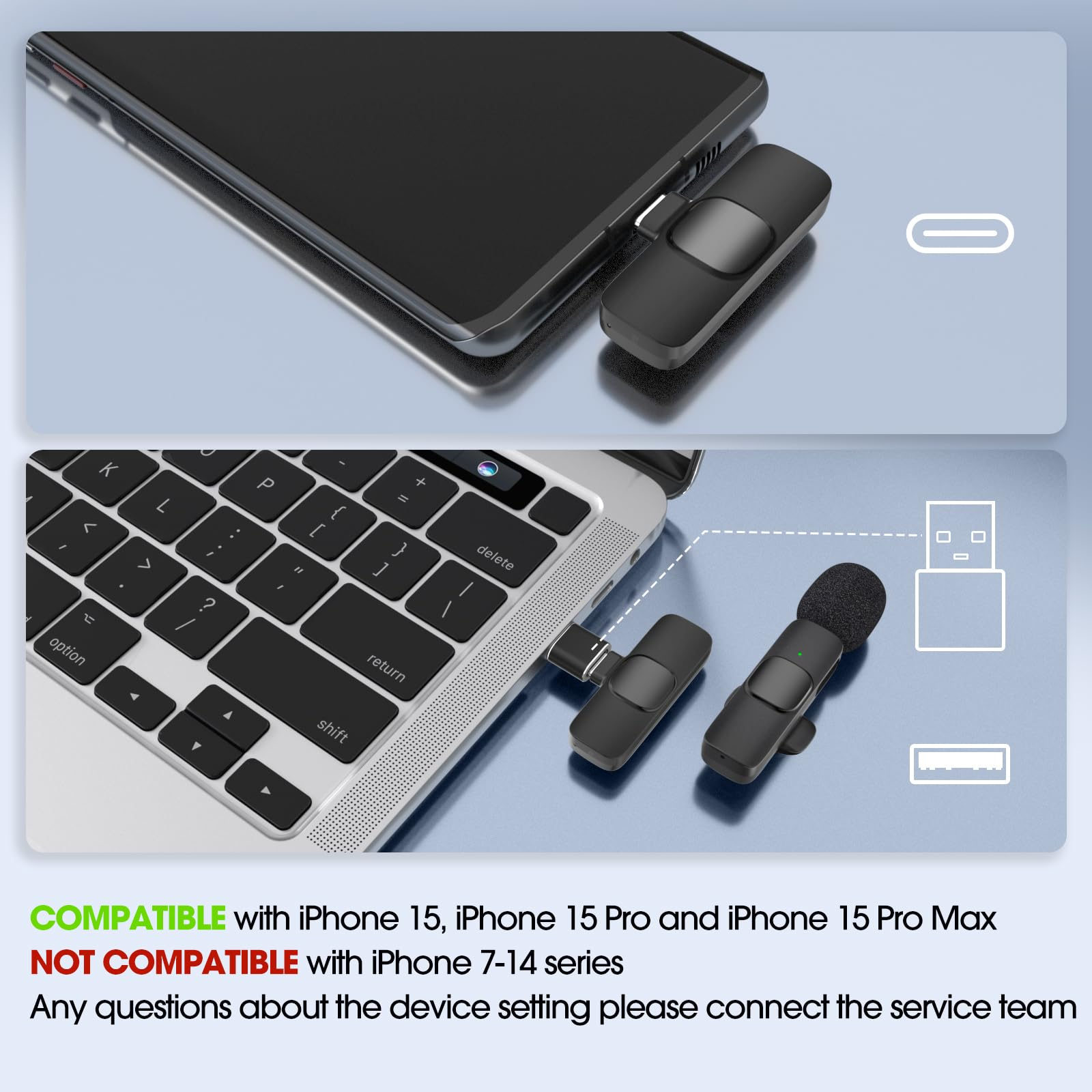 Mikrofone an Telefon und Laptop angeschlossen. Text über Kompatibilität und Einstellungen.