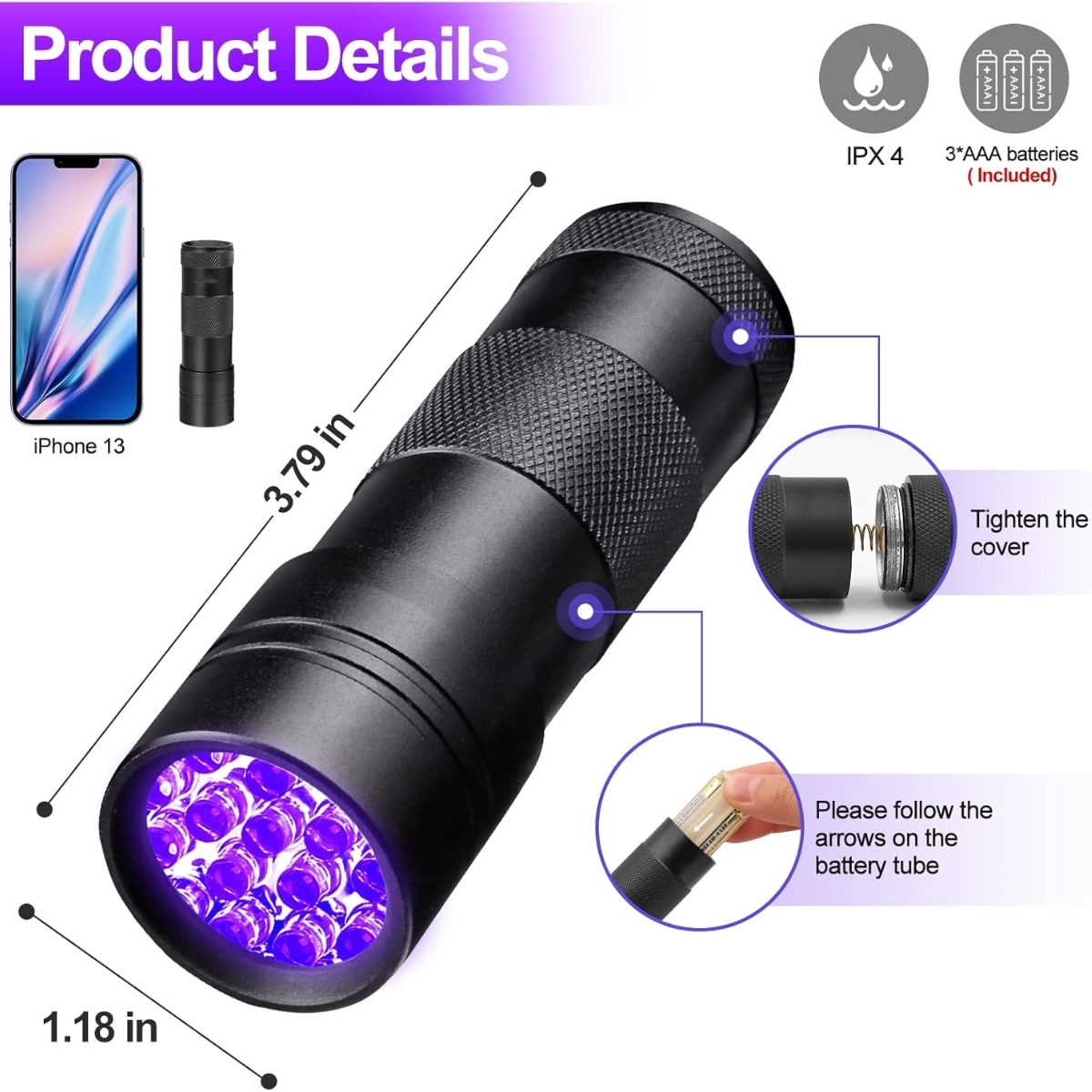 Schwarze UV-Taschenlampe mit violettem Licht, Produktdetails angezeigt.