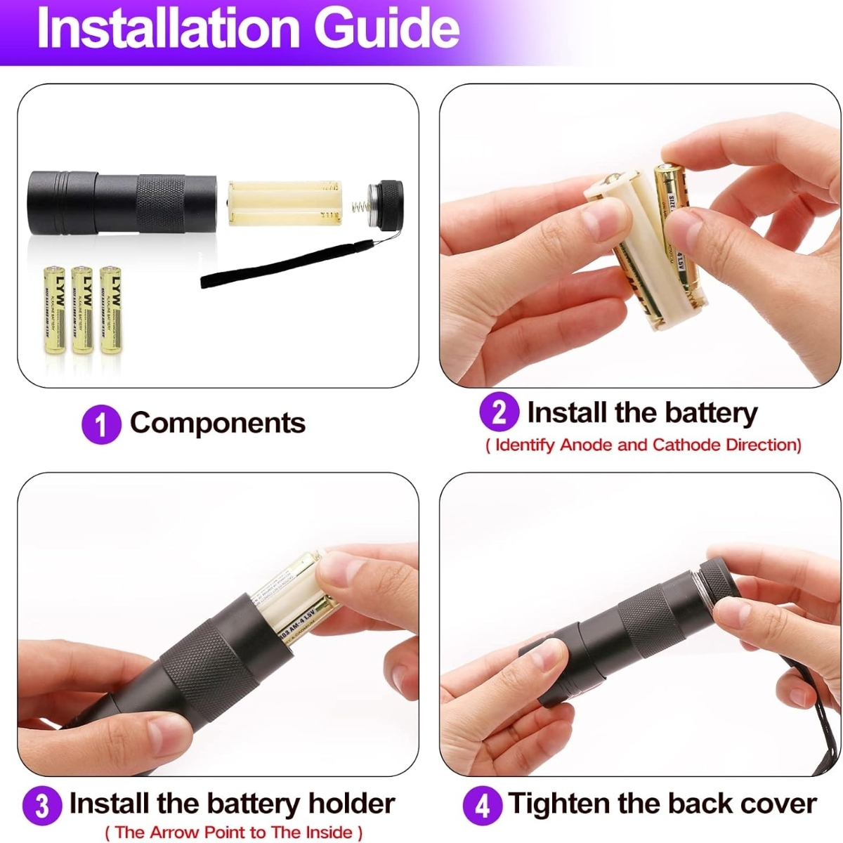 Installationsanleitung mit einer schwarzen Taschenlampe und Batterien. Schritte umfassen das Einlegen der Batterien und Zudrehen.