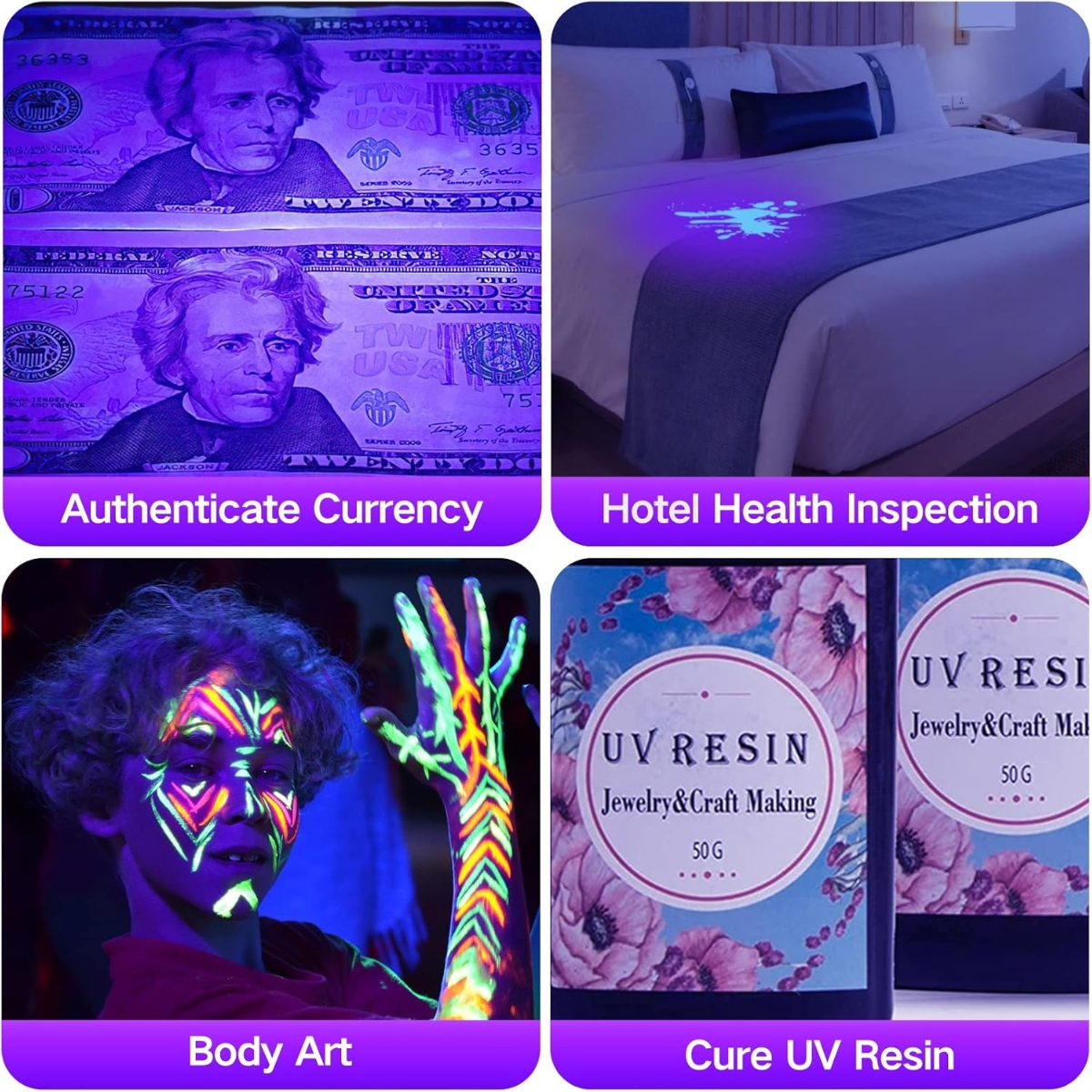 Vier Bilder. Geldprüfung, Hotelzimmer-UV-Check, Körperkunst und UV-Harzprodukte.