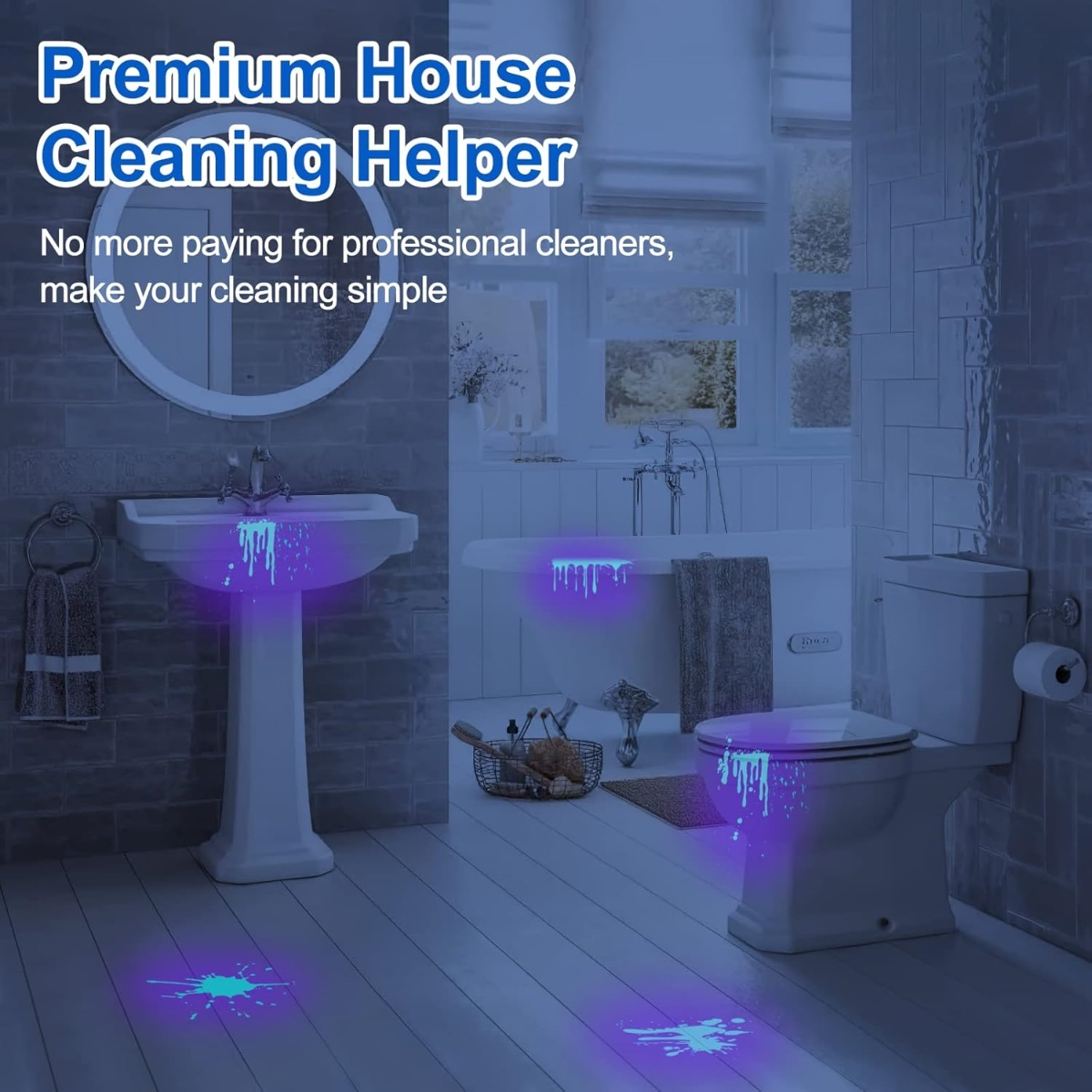 Badezimmer mit Waschbecken, Toilette und Badewanne. Blaues Licht hebt Reinigungsbereiche hervor. Text: Premium House.