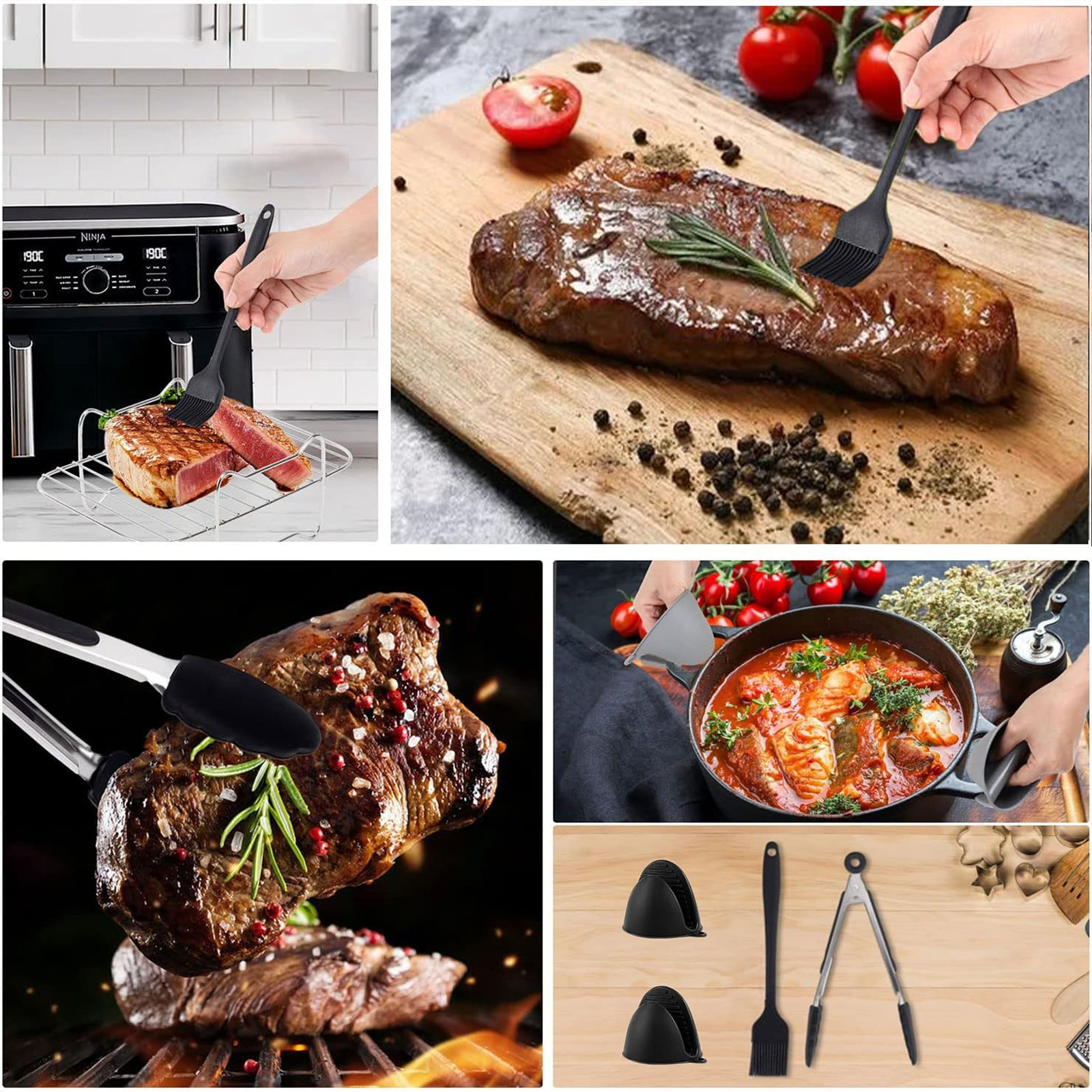 Collage von Speisenzubereitungsbildern: Steak, Grill, Werkzeuge und Airfryer mit Essen.