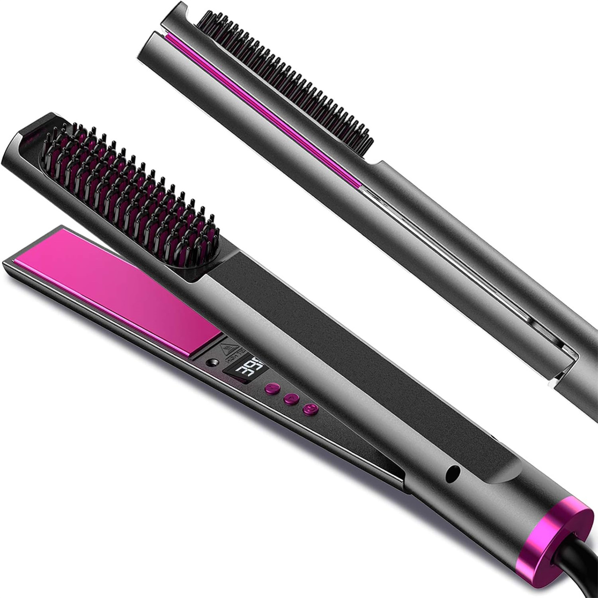 Haarglättungsbürste mit rosa und schwarzem Design. Die Bürste ist offen, eine weitere liegt daneben.