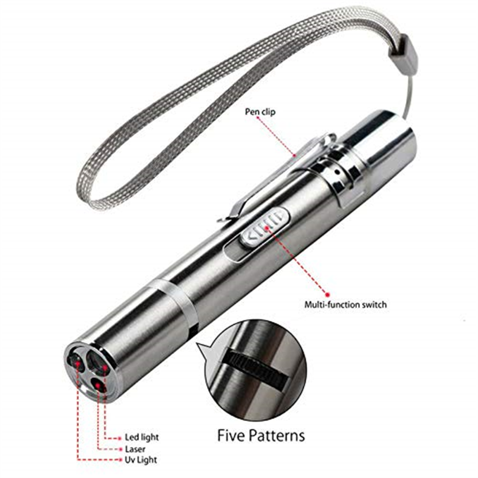Silberner Laserpointer im Stiftformat mit Stiftclip und Multifunktionsschalter.