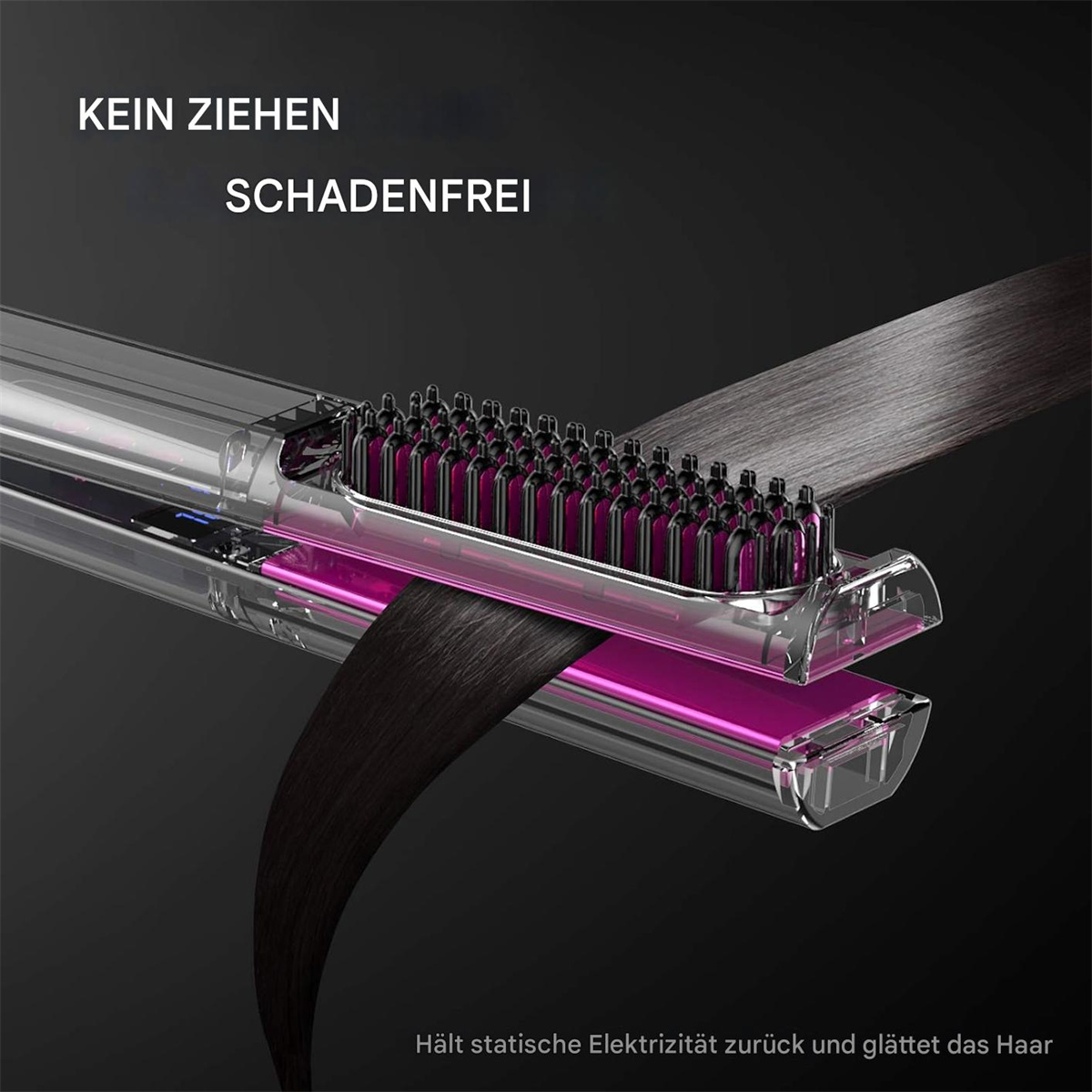 Haarglättungsbürste, mit geglättetem Haar.