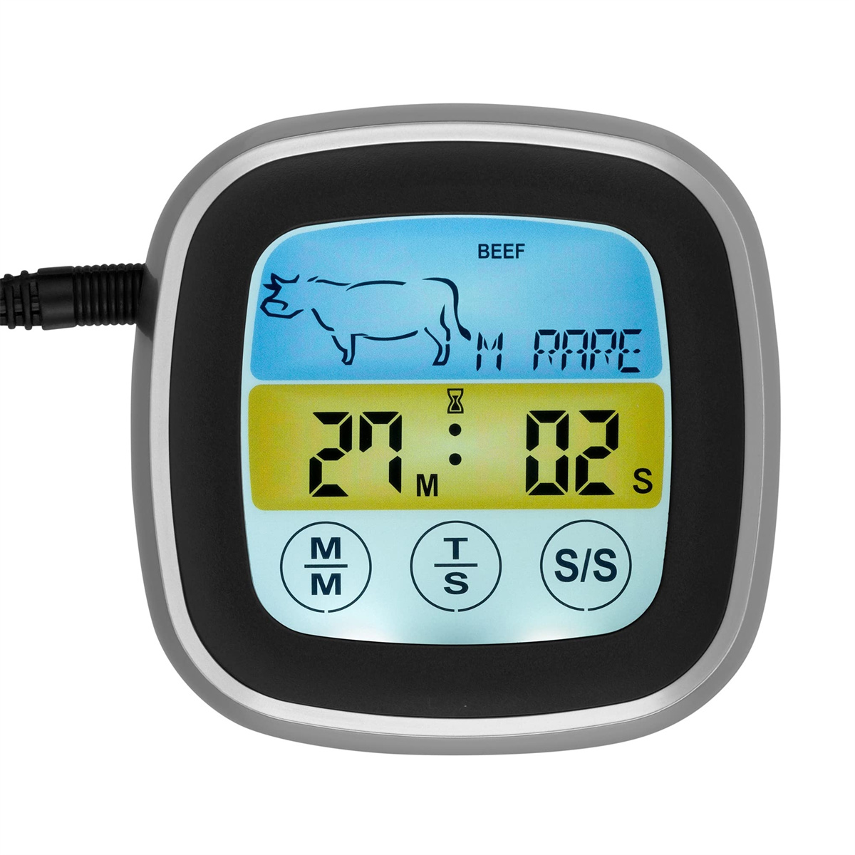 Digitales Kochthermometer mit Anzeige 27:02. Zeigt ein Kuh-Symbol und Text, schwarz und blau.