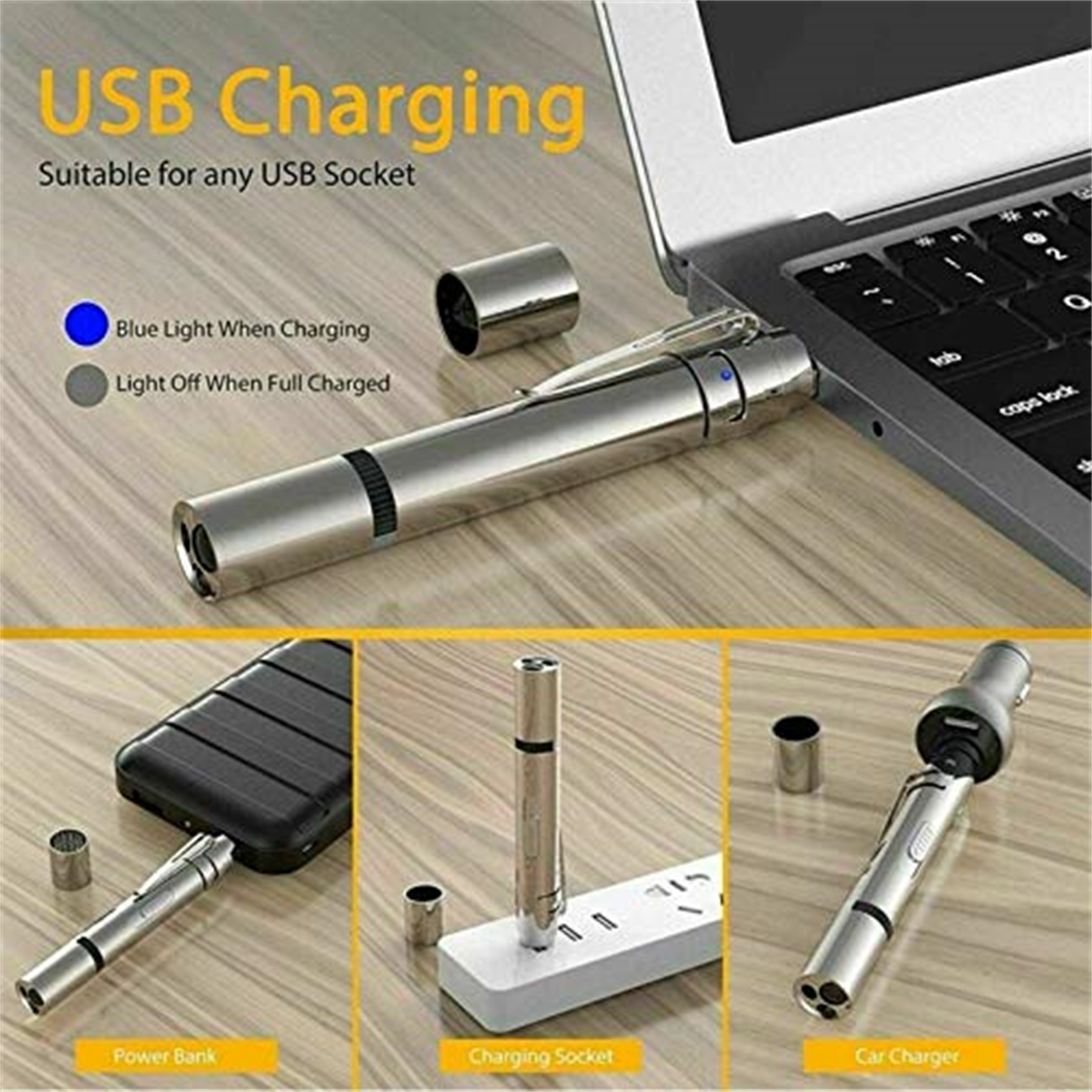 Silbernes USB-Ladegerät am Laptop, mit Ladeoptionen gezeigt.