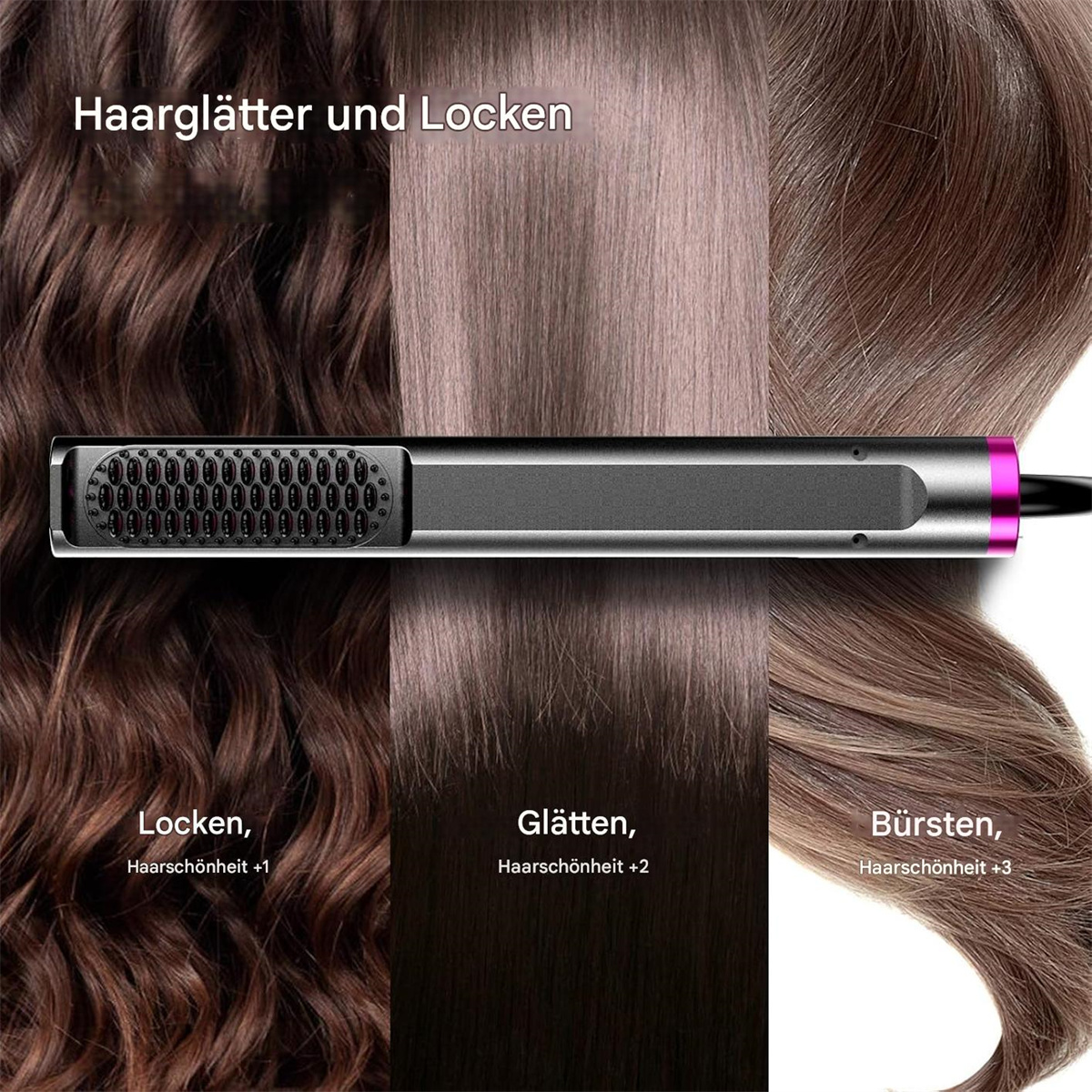 Haarglätter mit Beispielen für verschiedene Frisuren. Es hat einen rosa Akzent.