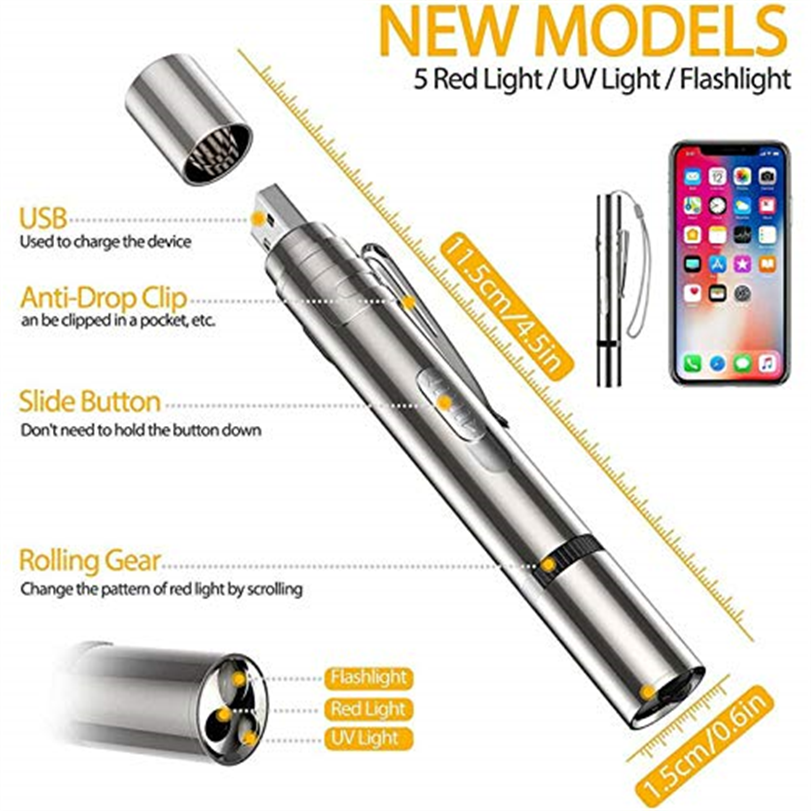 Ein silberner Stift mit USB-Ladegerät, Clip und Schiebeknopf. Enthält Details und ein Smartphone.