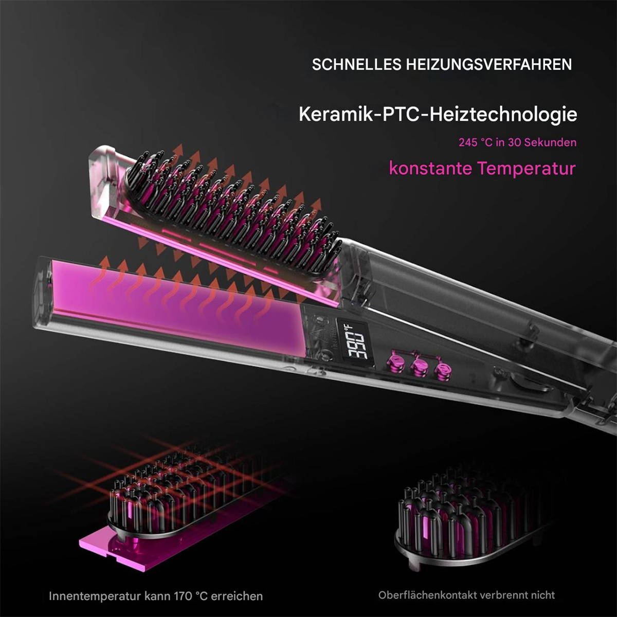 Haarglätter mit offenen Platten, die Hitzewellen und Infotext zeigen. Lila und Schwarz. Schwarzer Hintergrund.