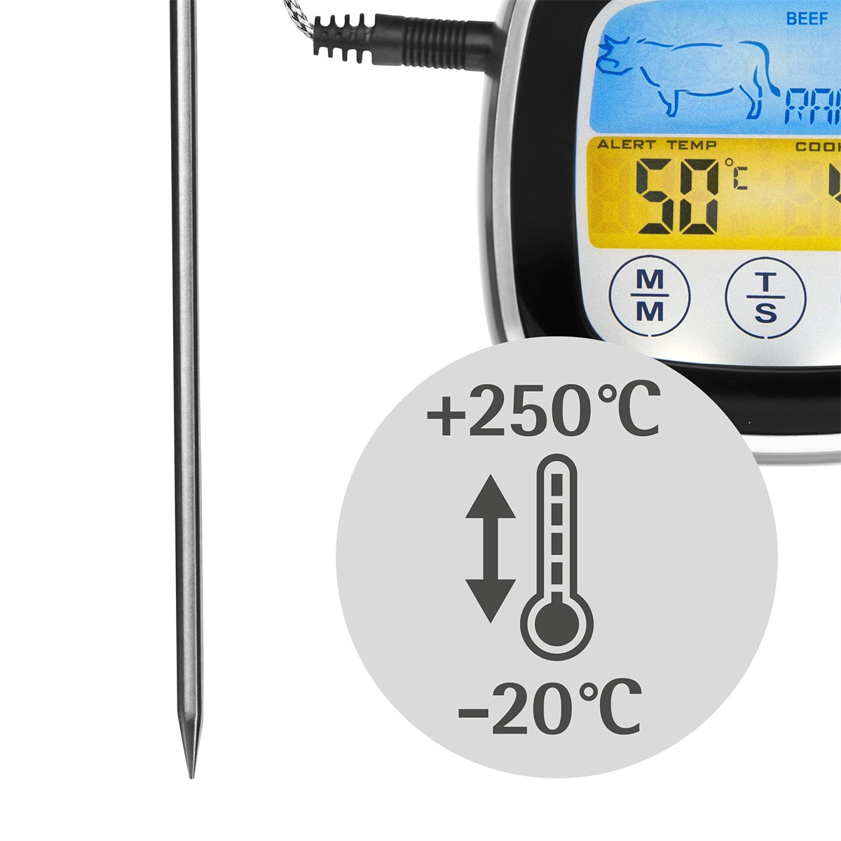 Digitales Fleischthermometer zeigt Temperatur an, mit Sonde.