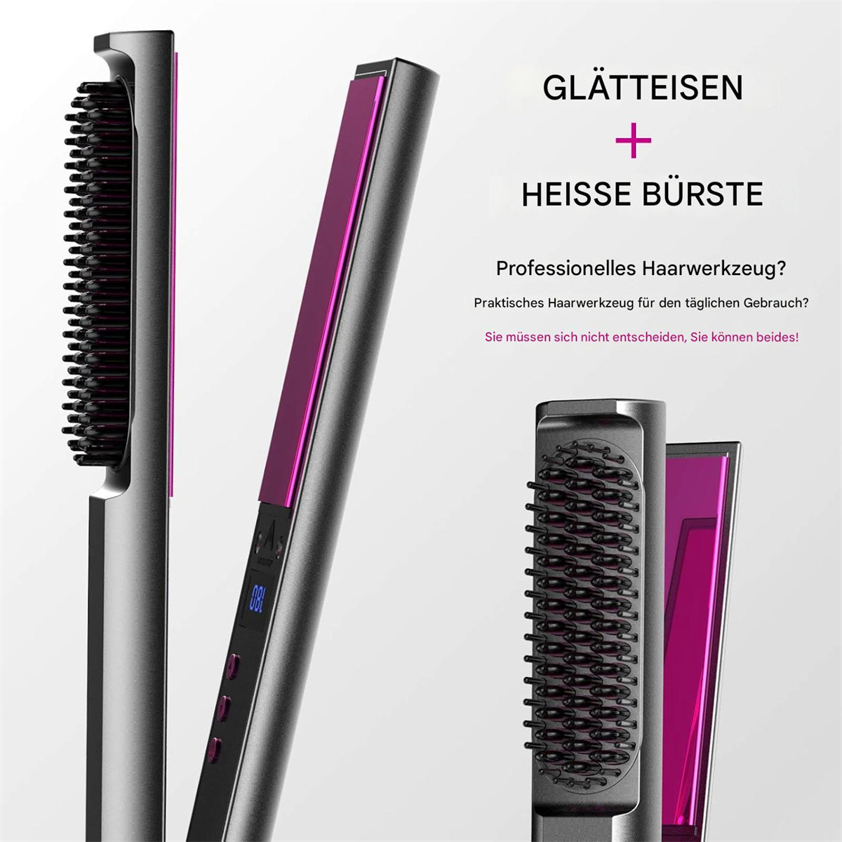 Haarstyling-Tools. Ein Glätteisen und eine Bürste. Beide sind eine Kombination aus Grau und Lila.