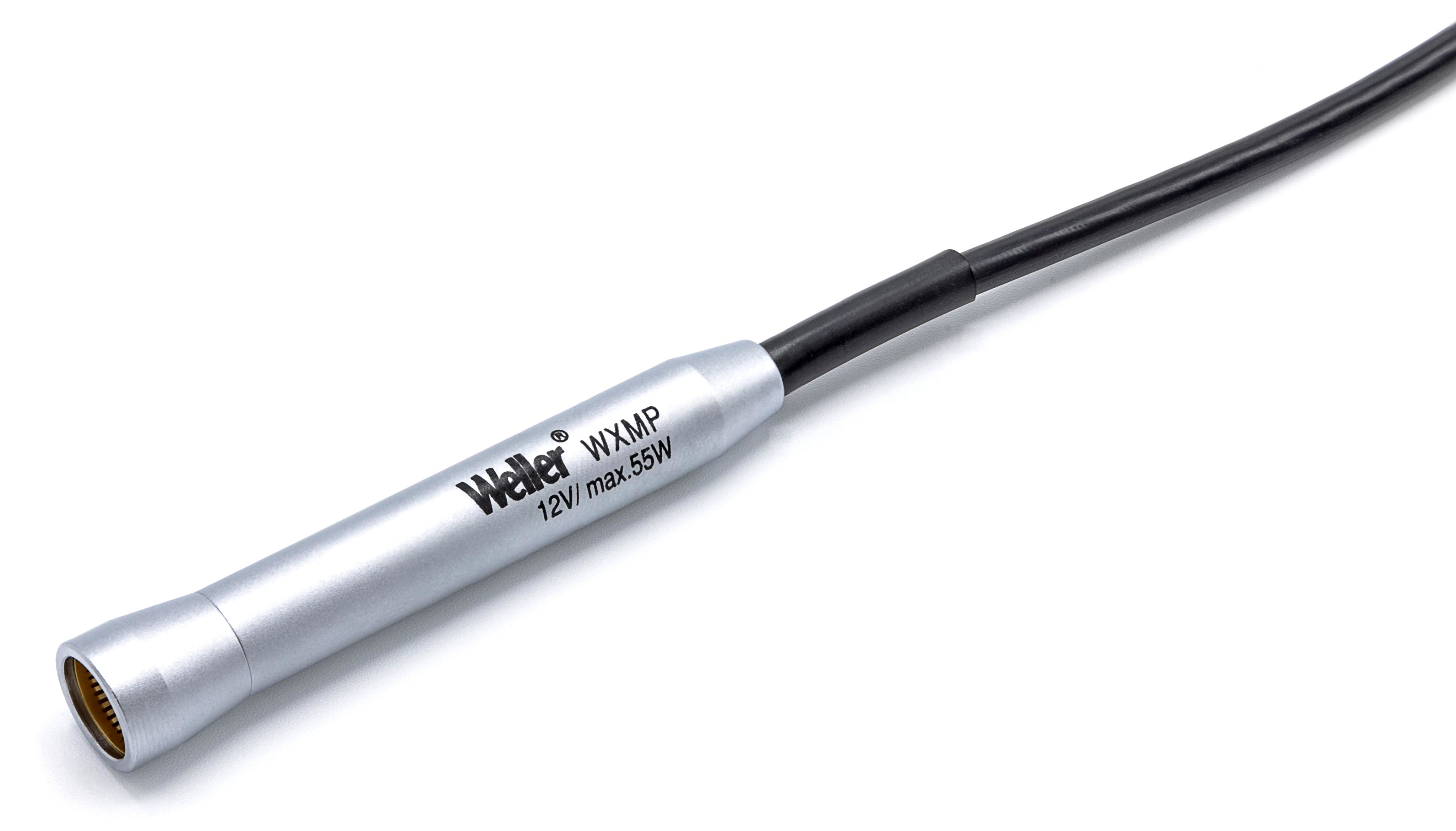 Punta saldante Weller WXMP argento con cavo nero. Testo sulla punta. Sfondo bianco.