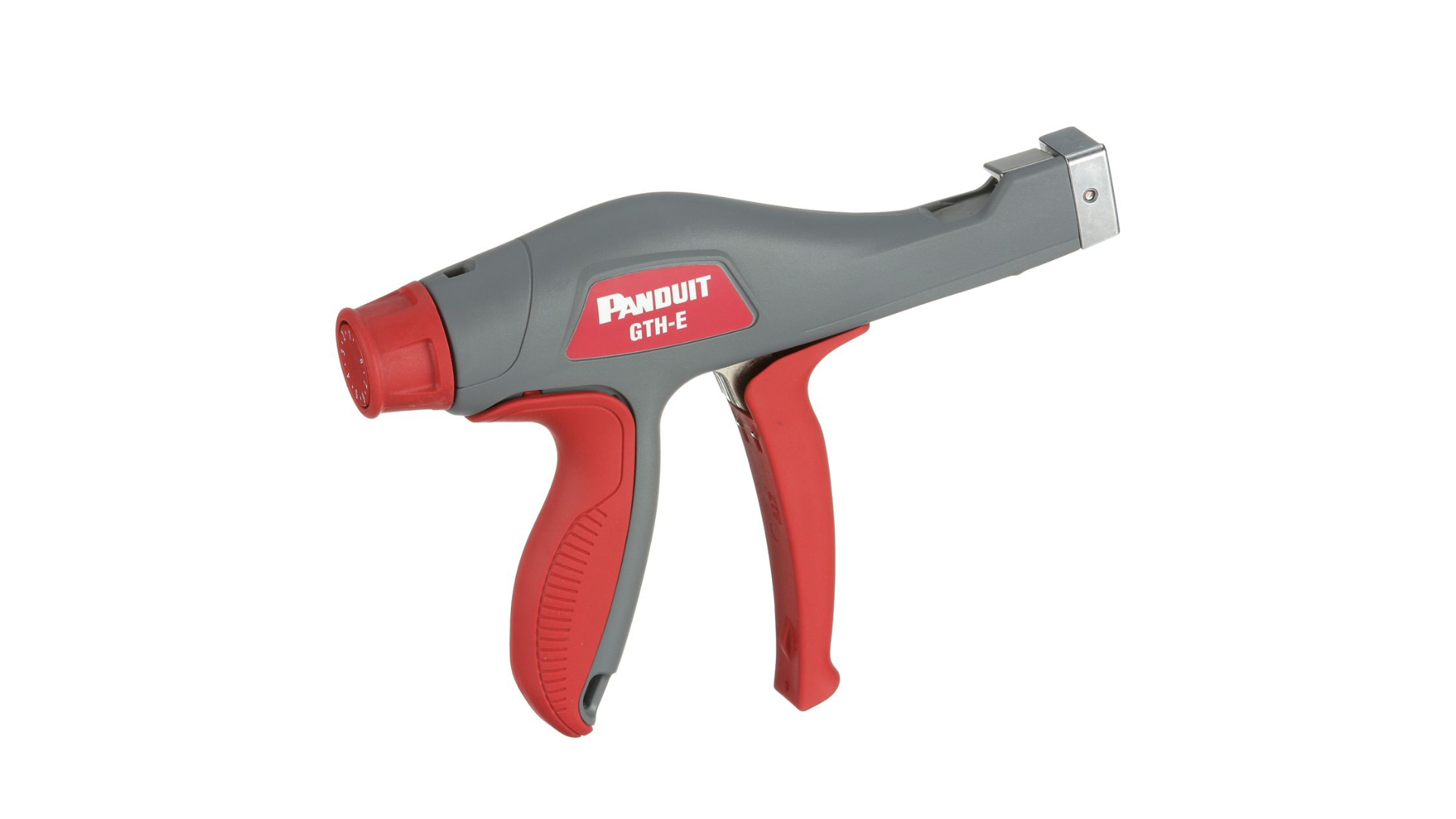 Pistola per fascette Panduit GTH-E. Corpo grigio, manici rossi. Per applicare fascette. Sfondo bianco.