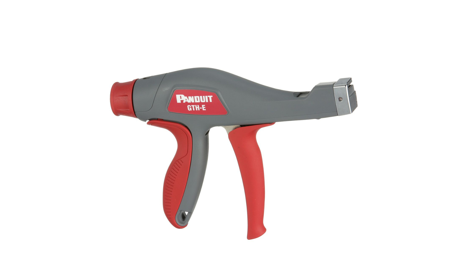 Pistola per fascette Panduit GTH-E. Corpo grigio, manici rossi. Per applicare fascette. Sfondo bianco.