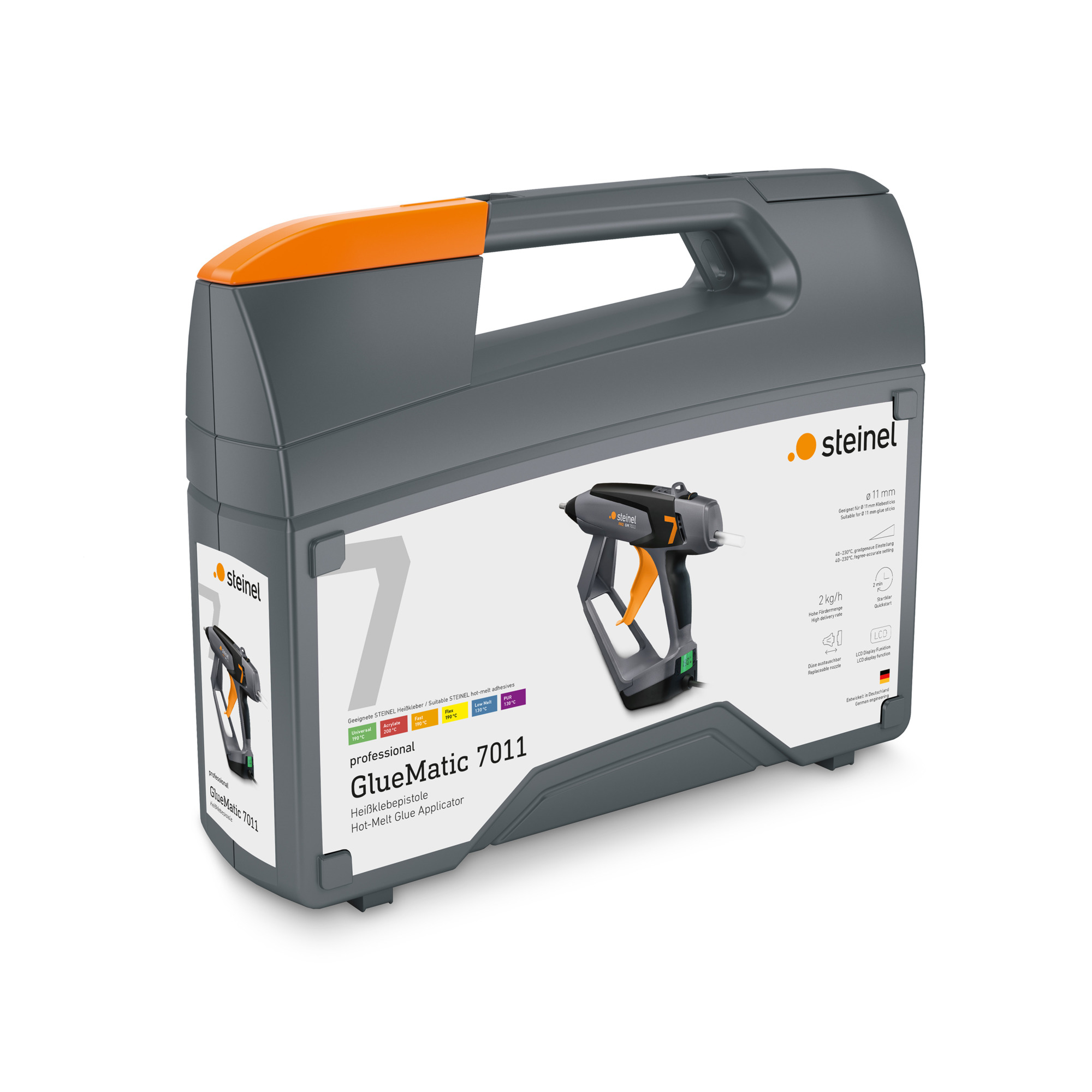 Un kit Steinel GlueMatic 7011, che mostra una pistola per colla. Il kit è grigio e arancione.