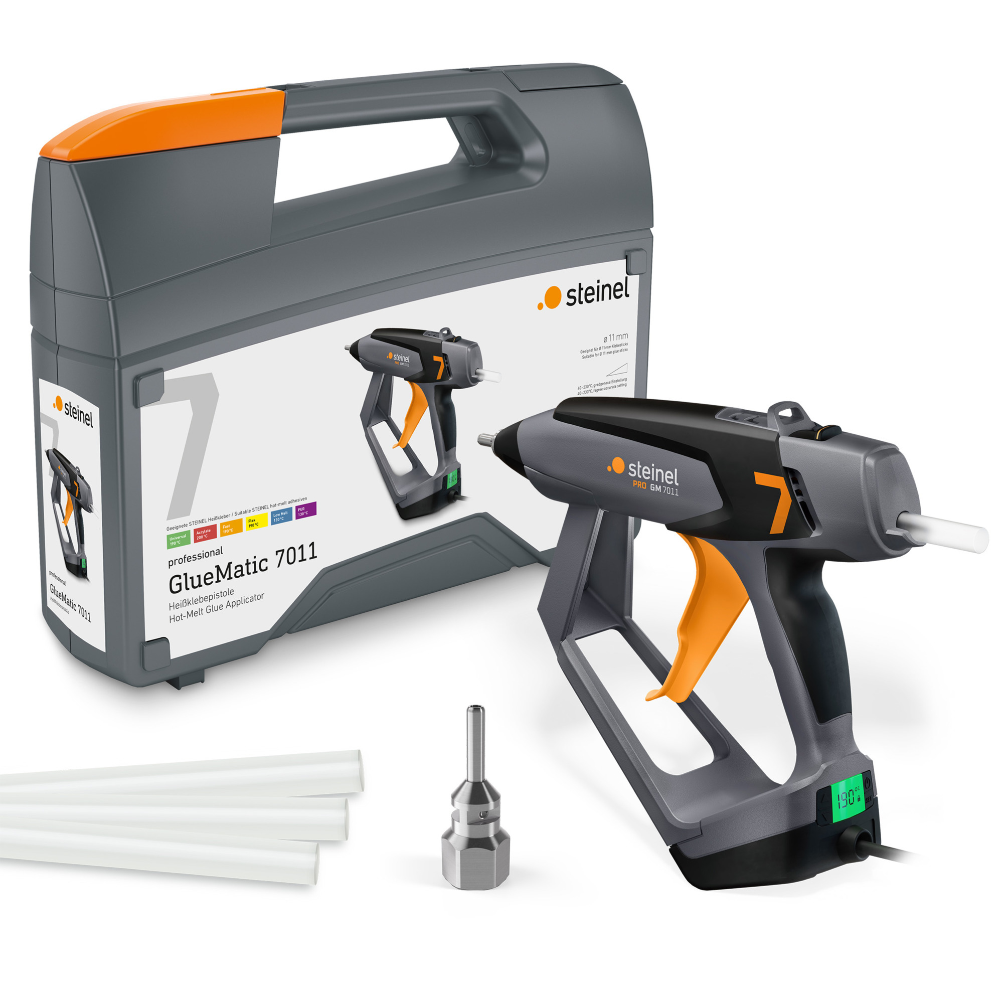 Un set Steinel GlueMatic 7011 con pistola per colla, stick di colla e un ugello extra.