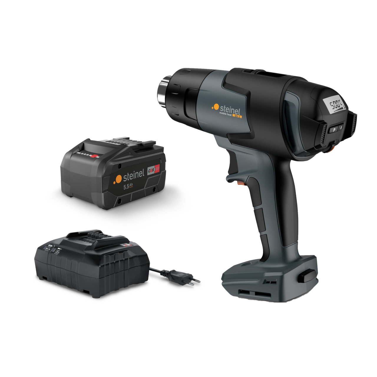 Un utensile elettrico nero e grigio con batteria e caricabatterie.