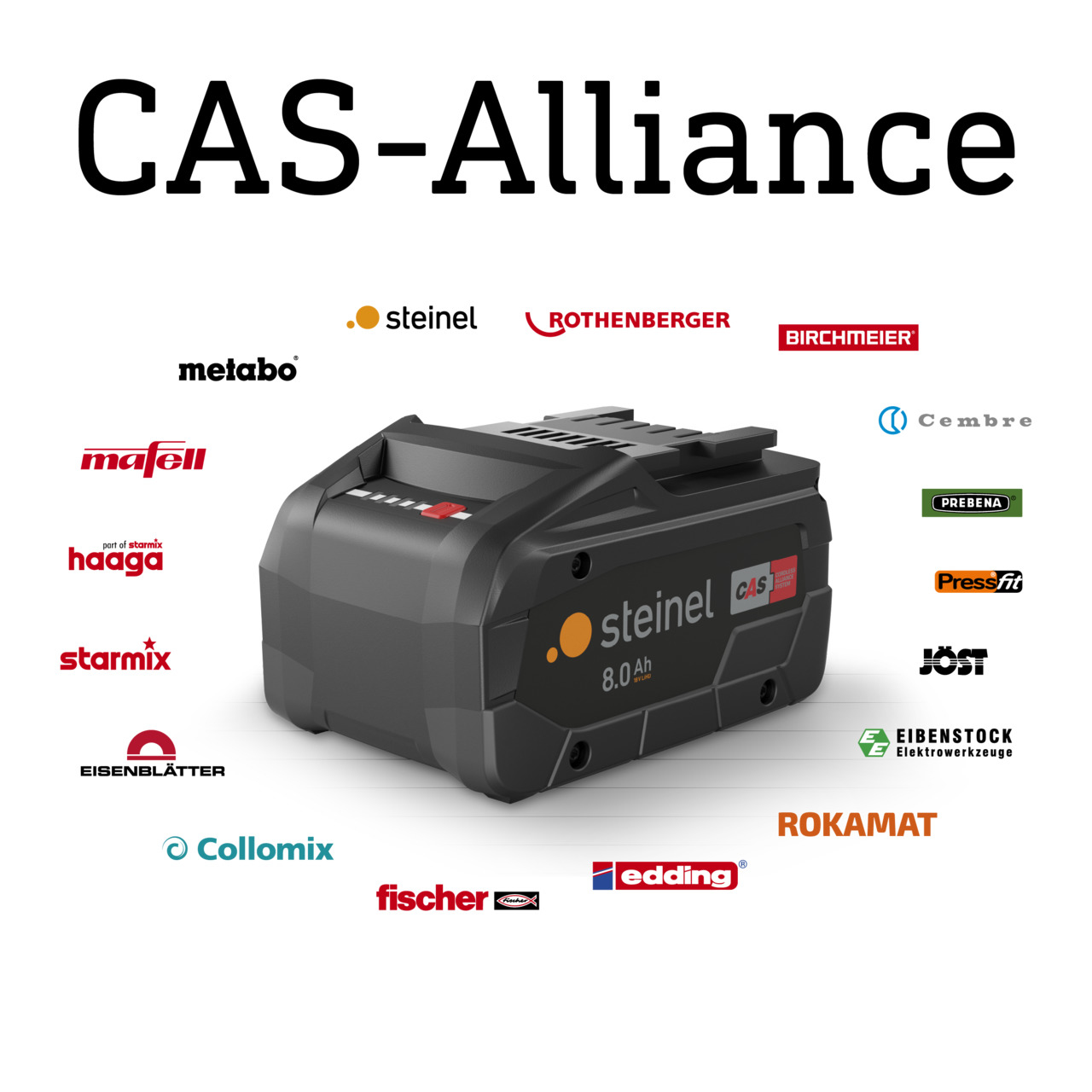 Logo CAS-Alliance con più loghi di marchi e un pacco batteria con il logo Steinel.
