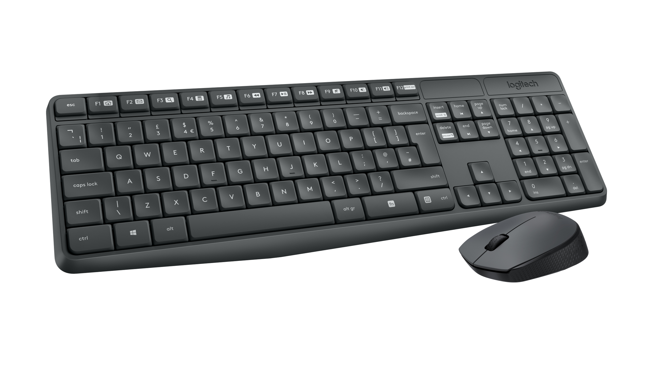 Una tastiera e un mouse Logitech grigi su sfondo bianco.