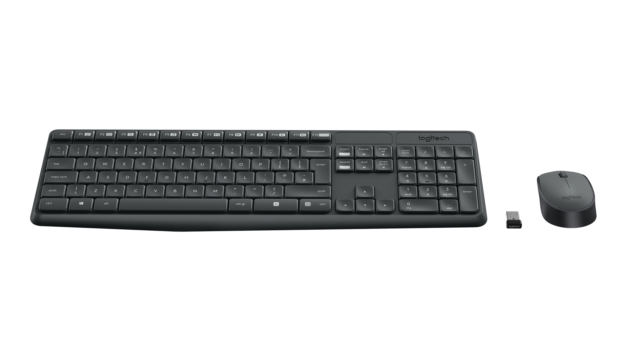 Un set grigio di tastiera e mouse Logitech con ricevitore USB.