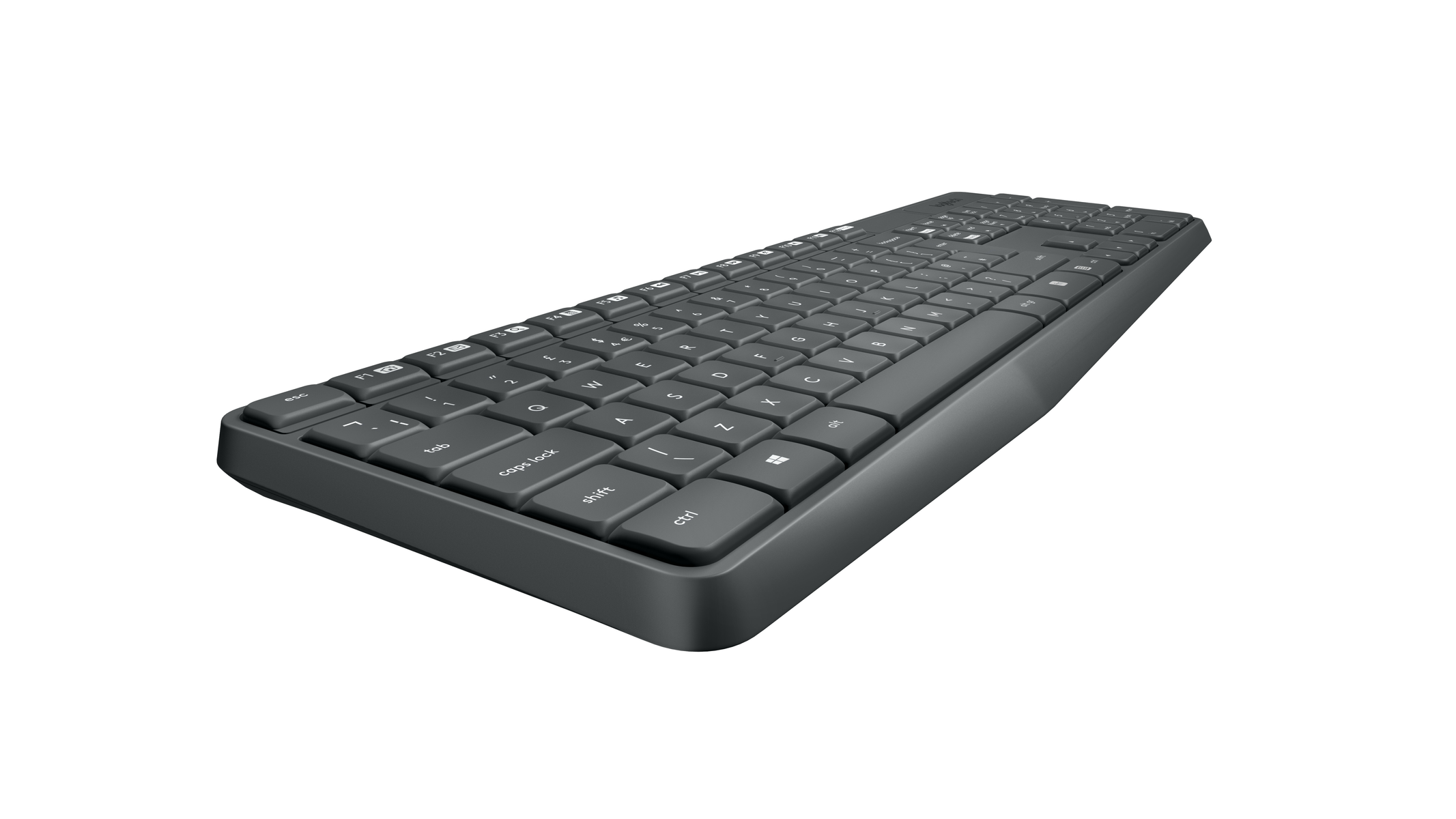 Una tastiera wireless scura con scritte bianche su sfondo bianco.