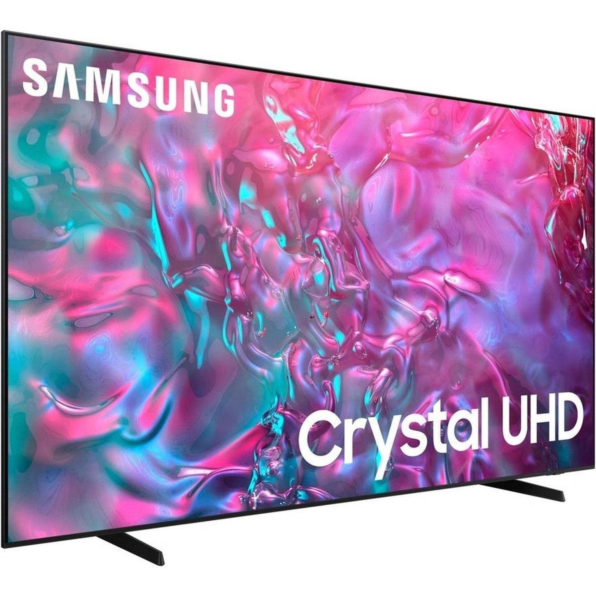 Un televisore Samsung Crystal UHD con un display colorato. La TV è su un supporto nero.