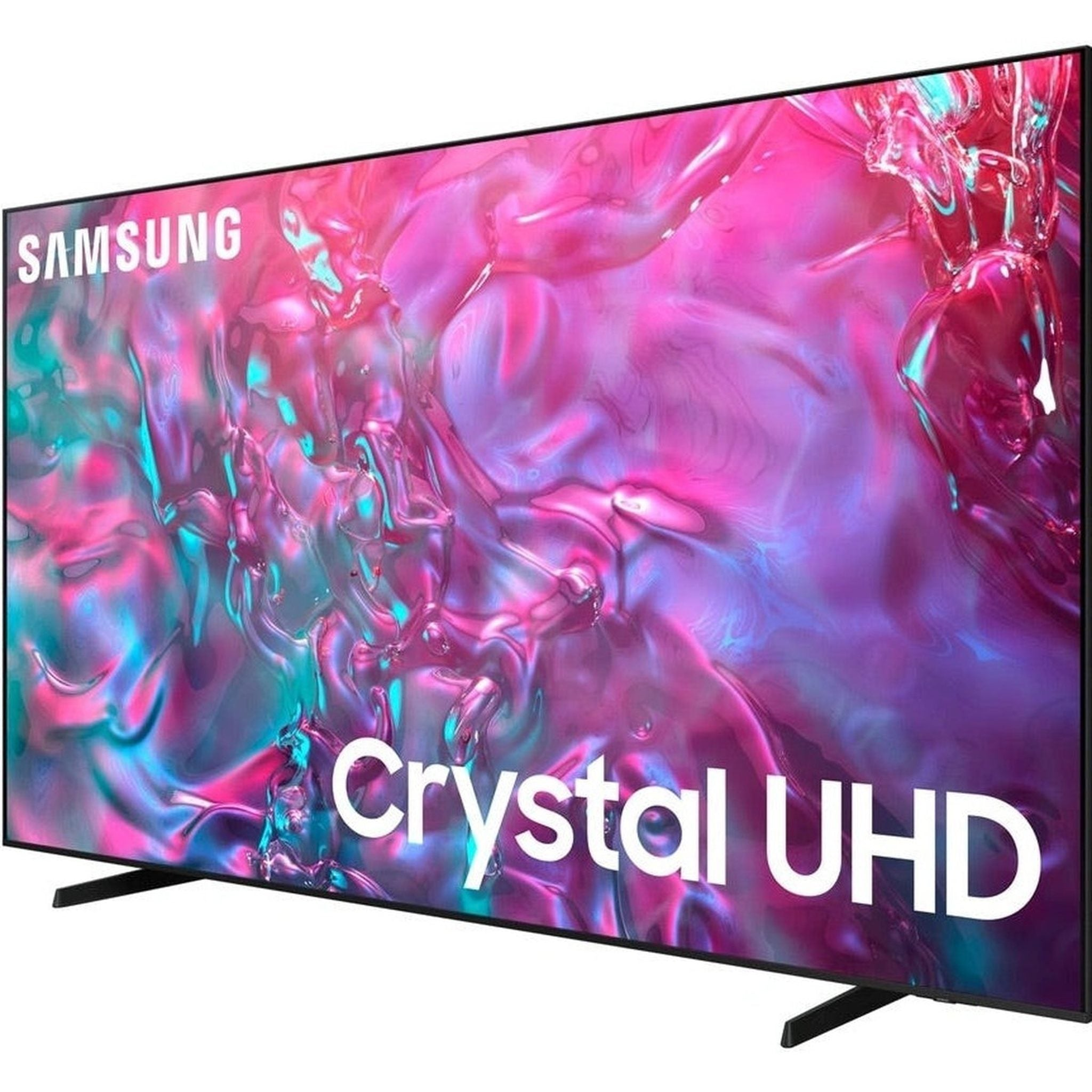 Una grande TV Samsung Crystal UHD con schermo colorato e supporto nero.