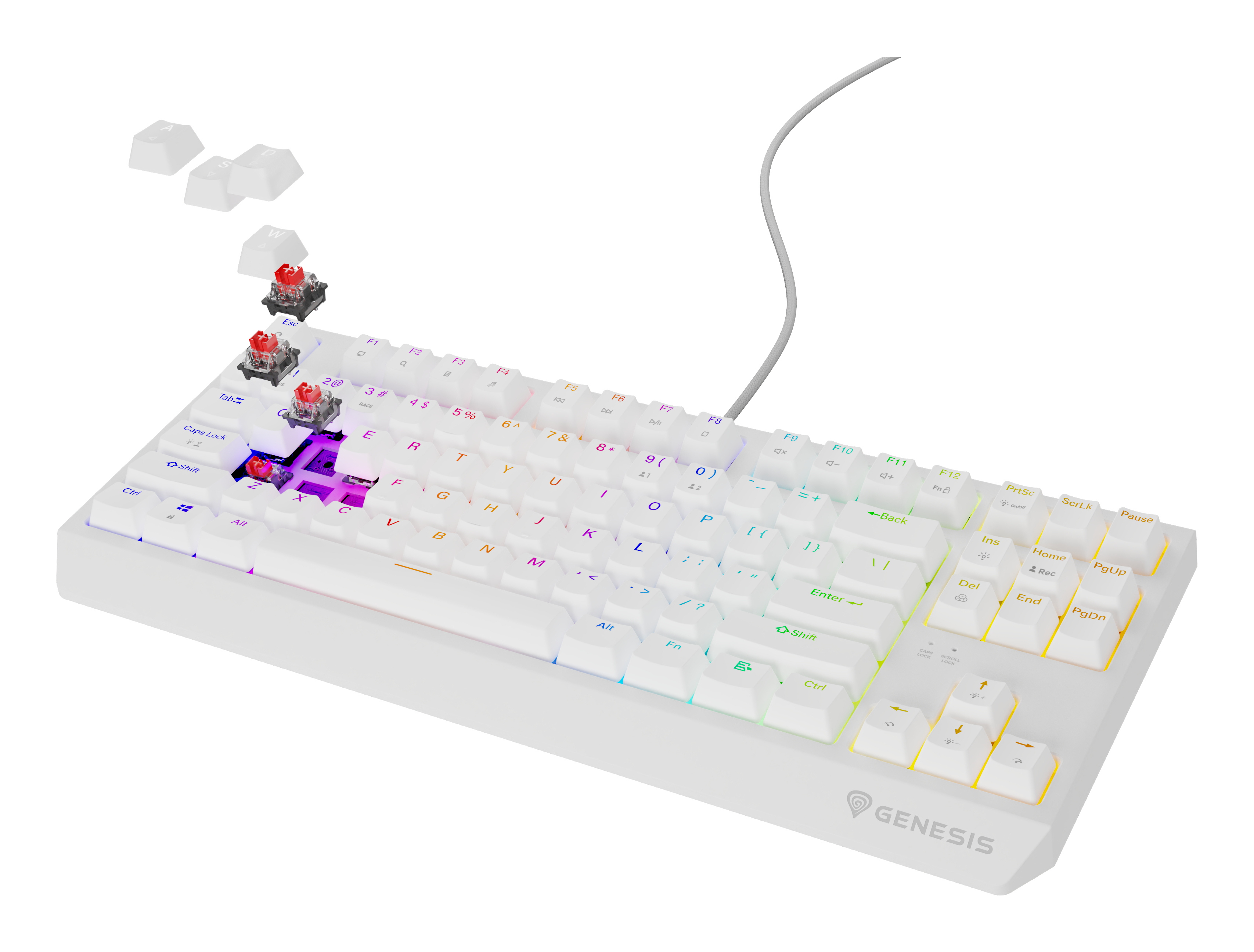 White keyboard with keys removed, revealing red switches, Genesis brand.