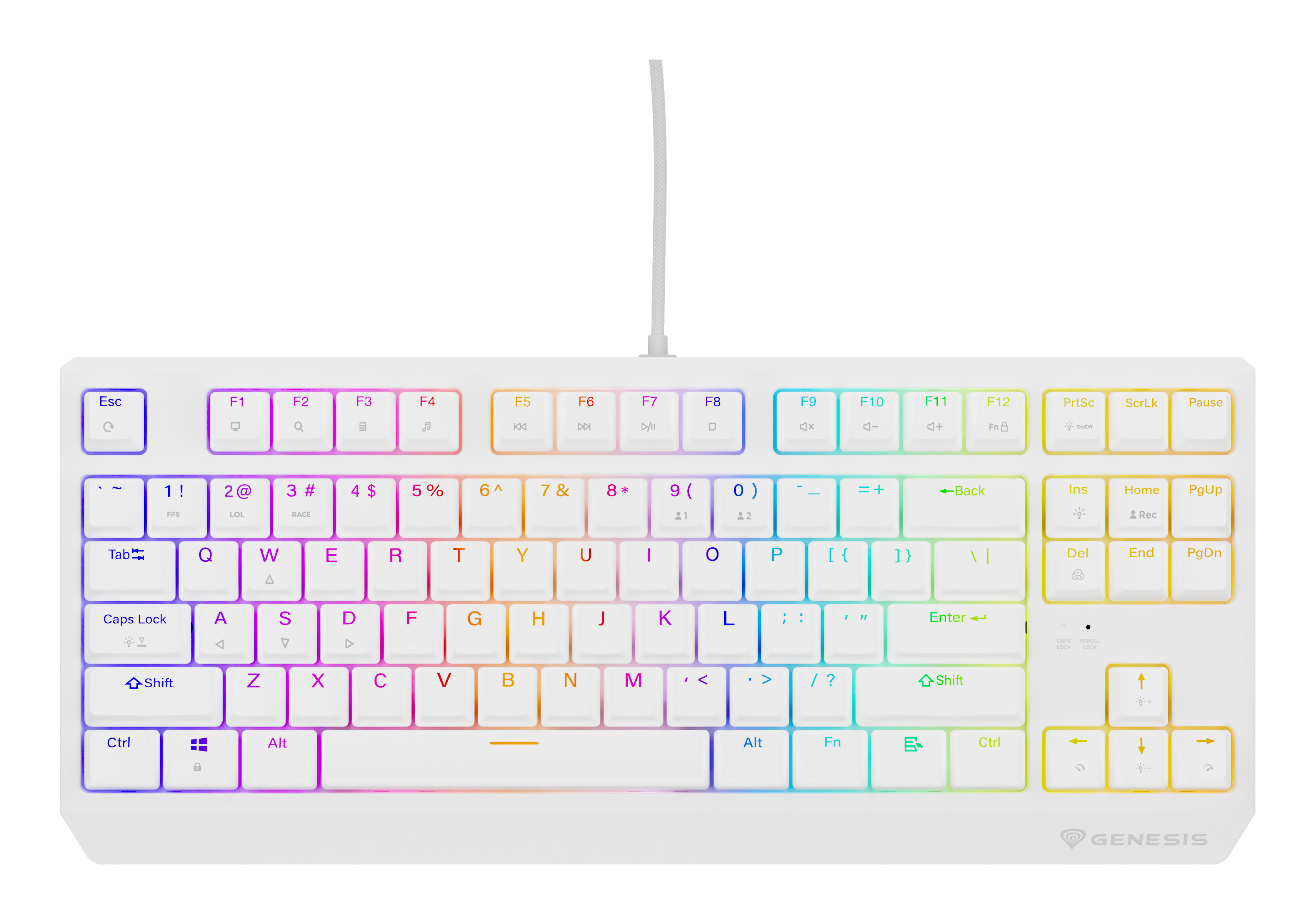 White keyboard with rainbow LED keys, top view, Genesis brand.