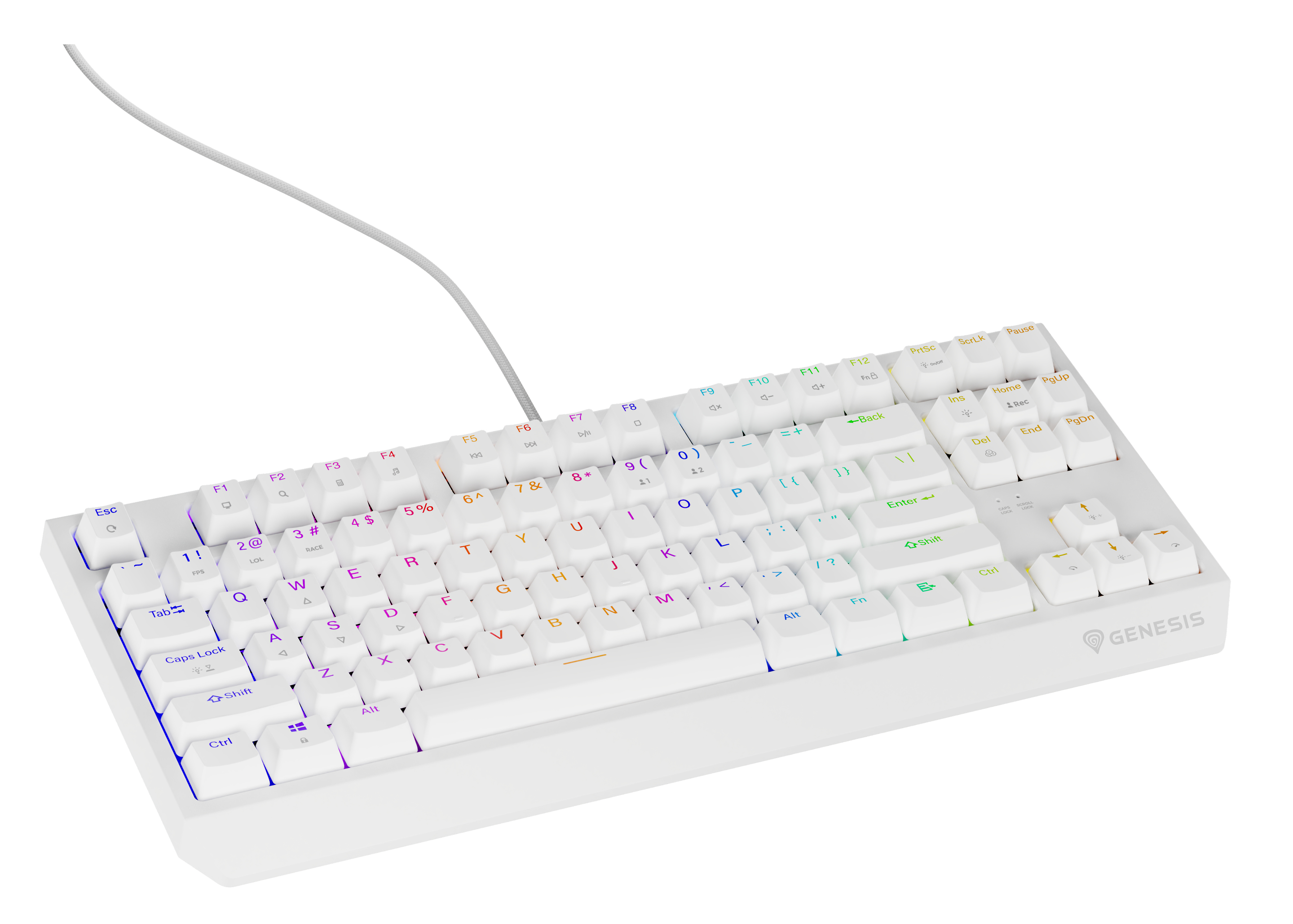 White keyboard with rainbow LED keys, angled view, Genesis brand.