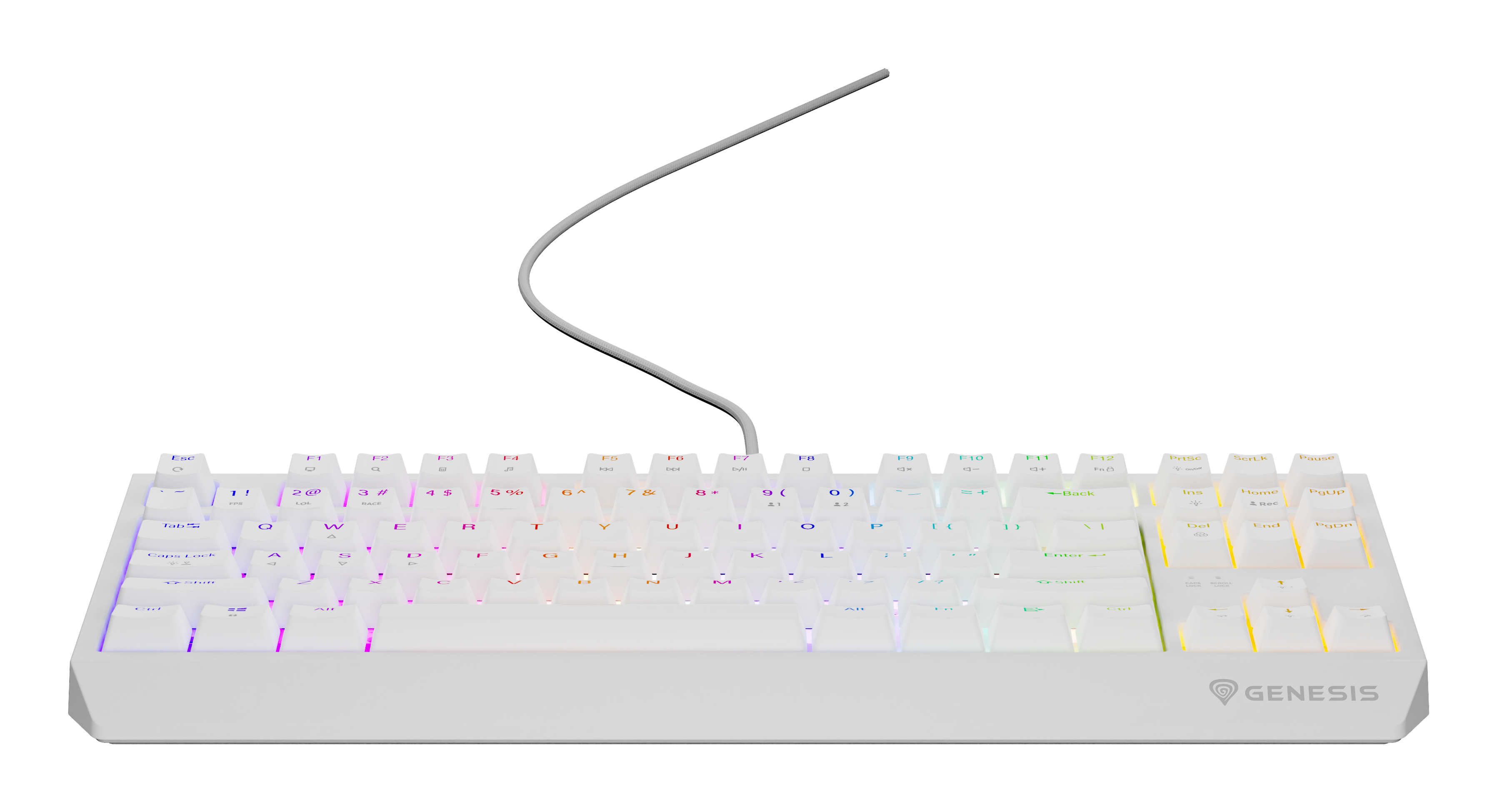 White keyboard with rainbow LED keys, top view, Genesis brand.
