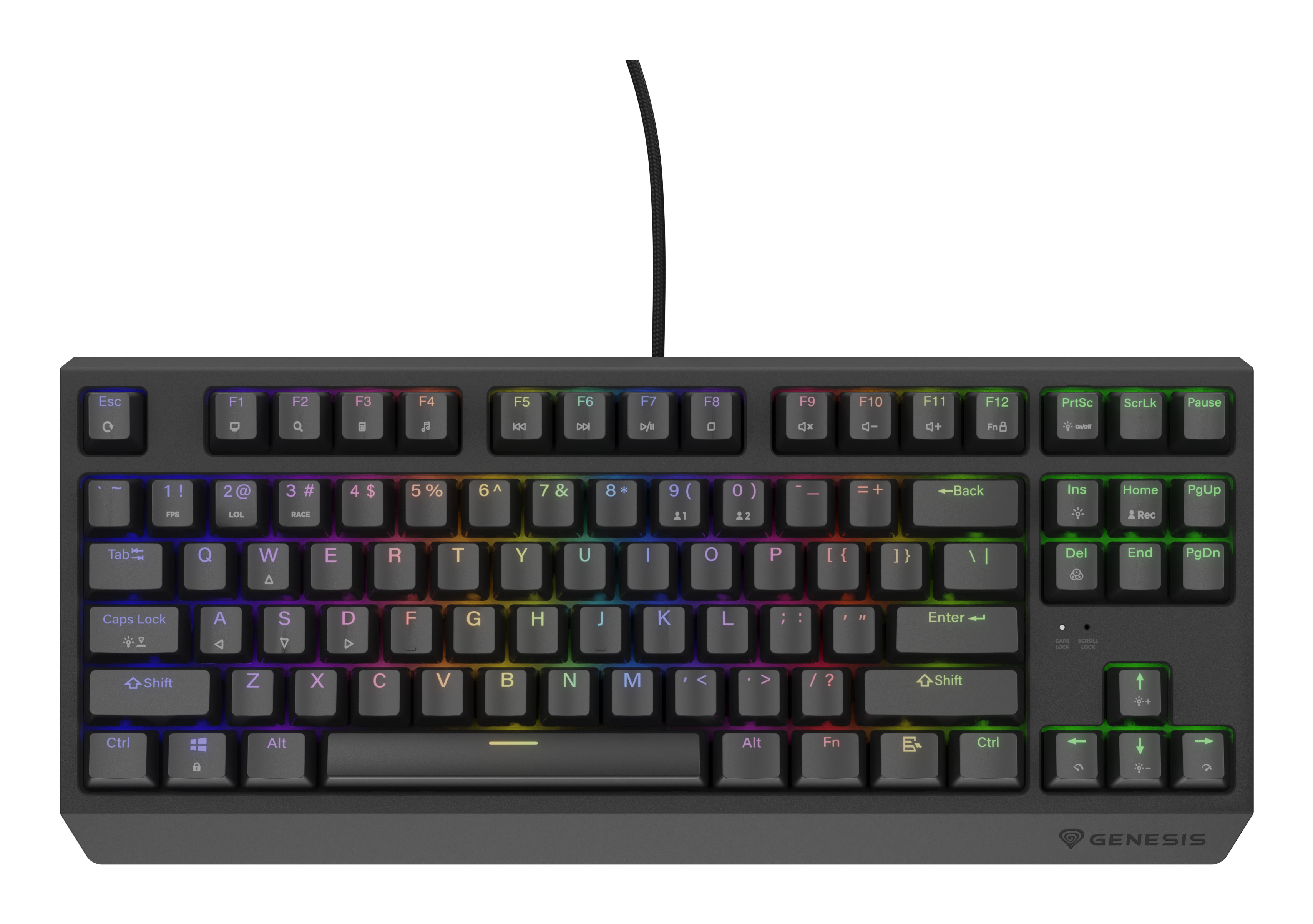 Black keyboard with rainbow LED keys, top view, Genesis brand.