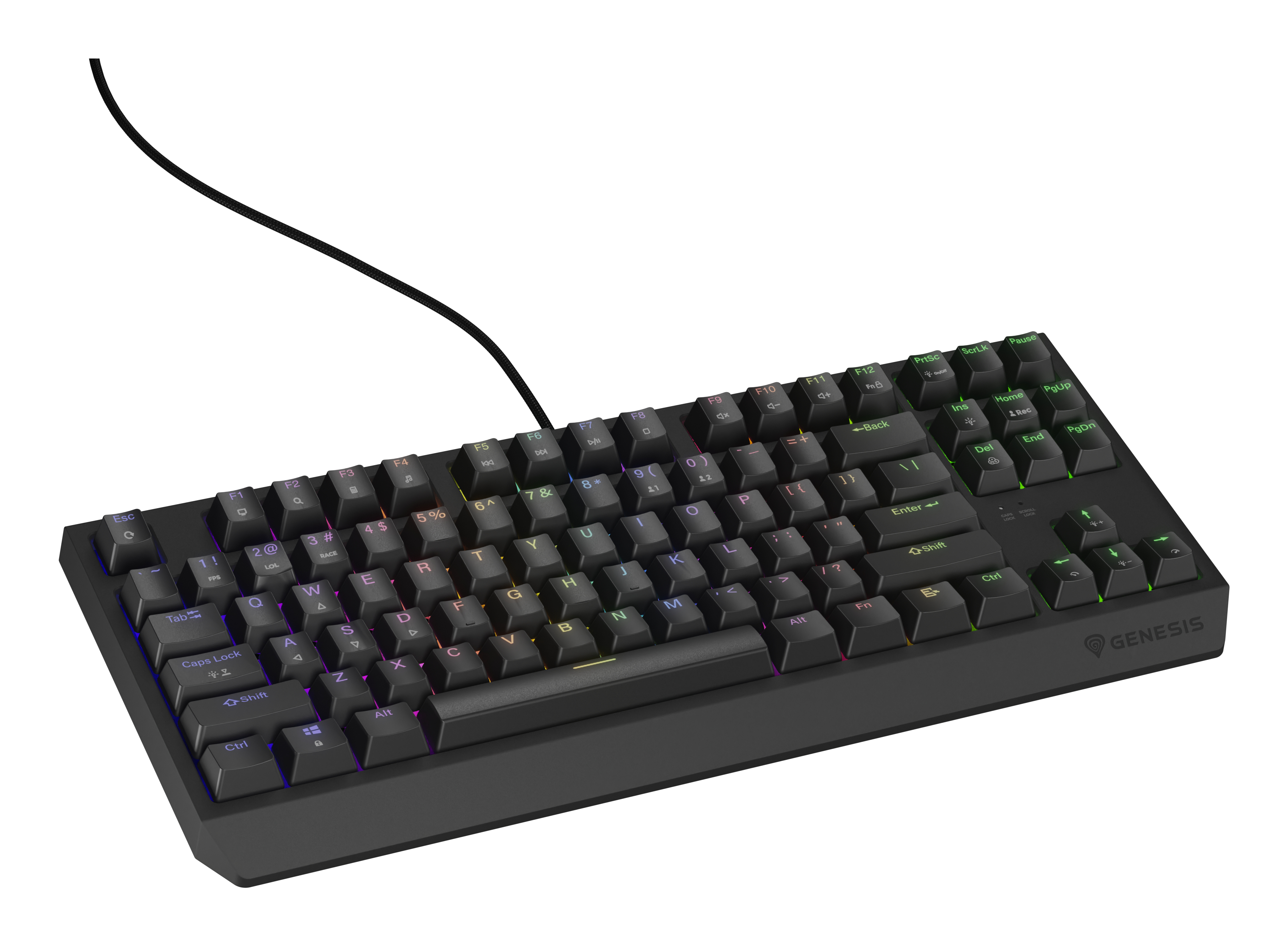 Black keyboard with rainbow LED keys, angled view, Genesis brand.