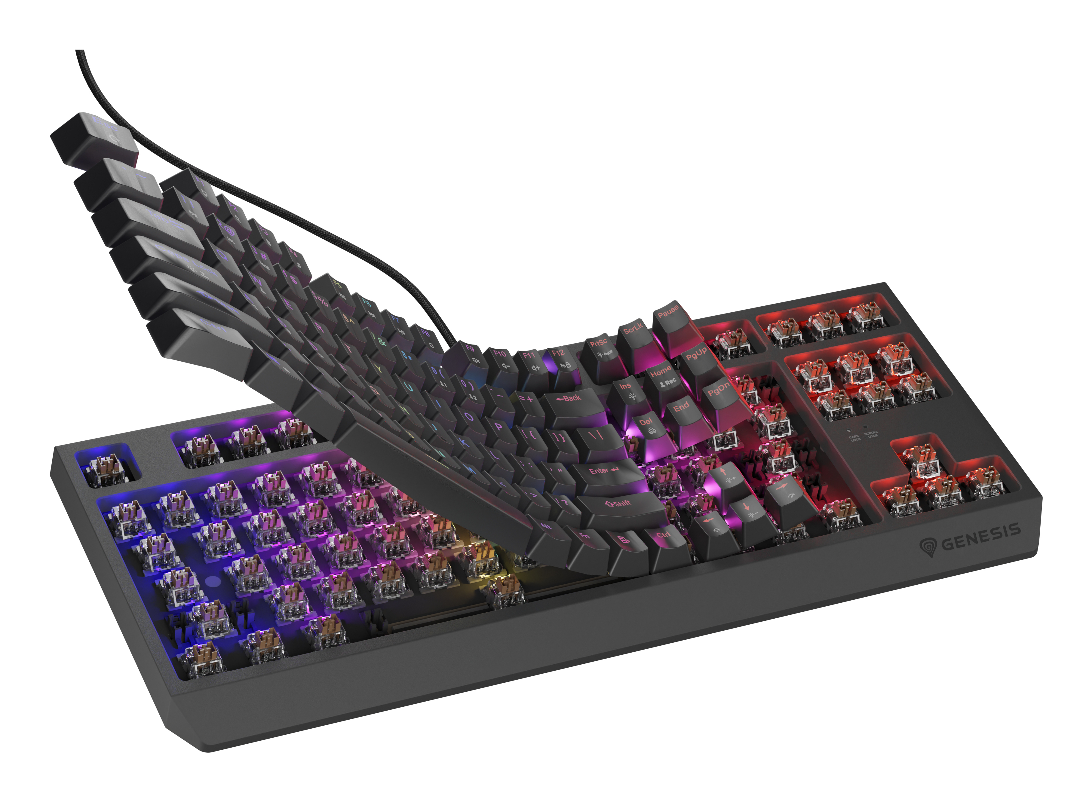Black keyboard with keys partially removed, showing red switches, Genesis brand.