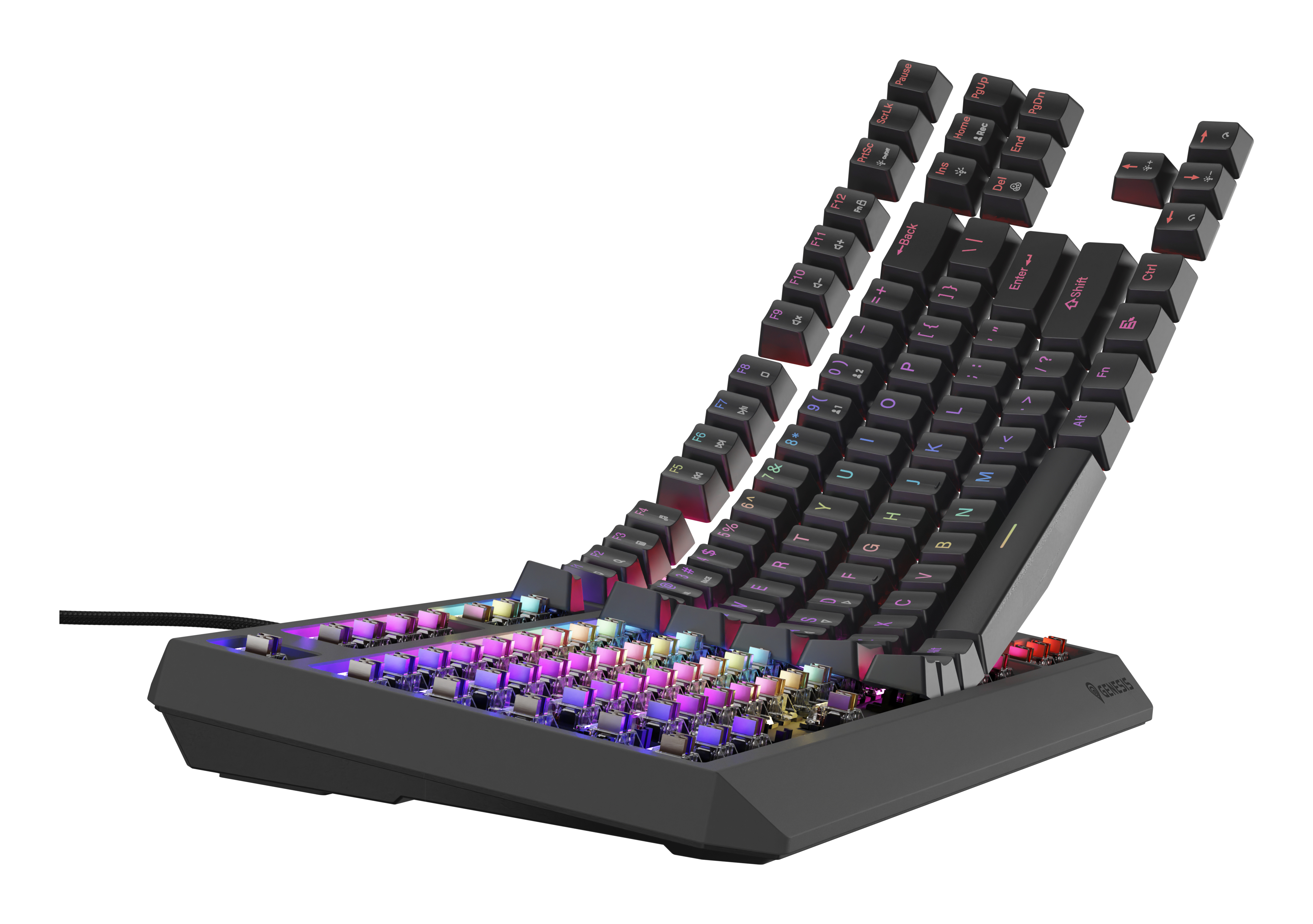 Black keyboard with keys suspended in air. Rainbow lights illuminate the keys.