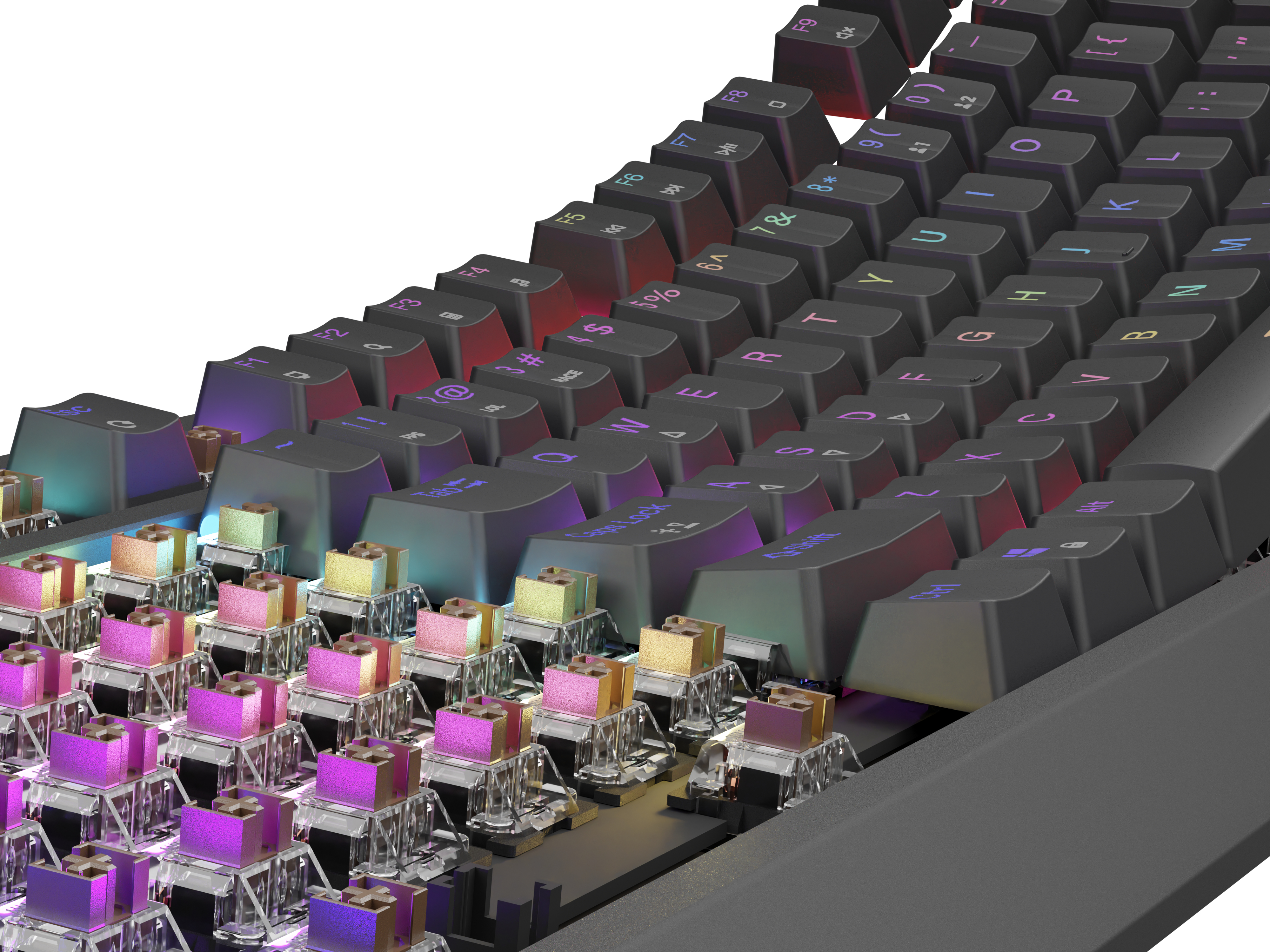 Close up of black keyboard keys. Keys have letters and symbols. Rainbow light.
