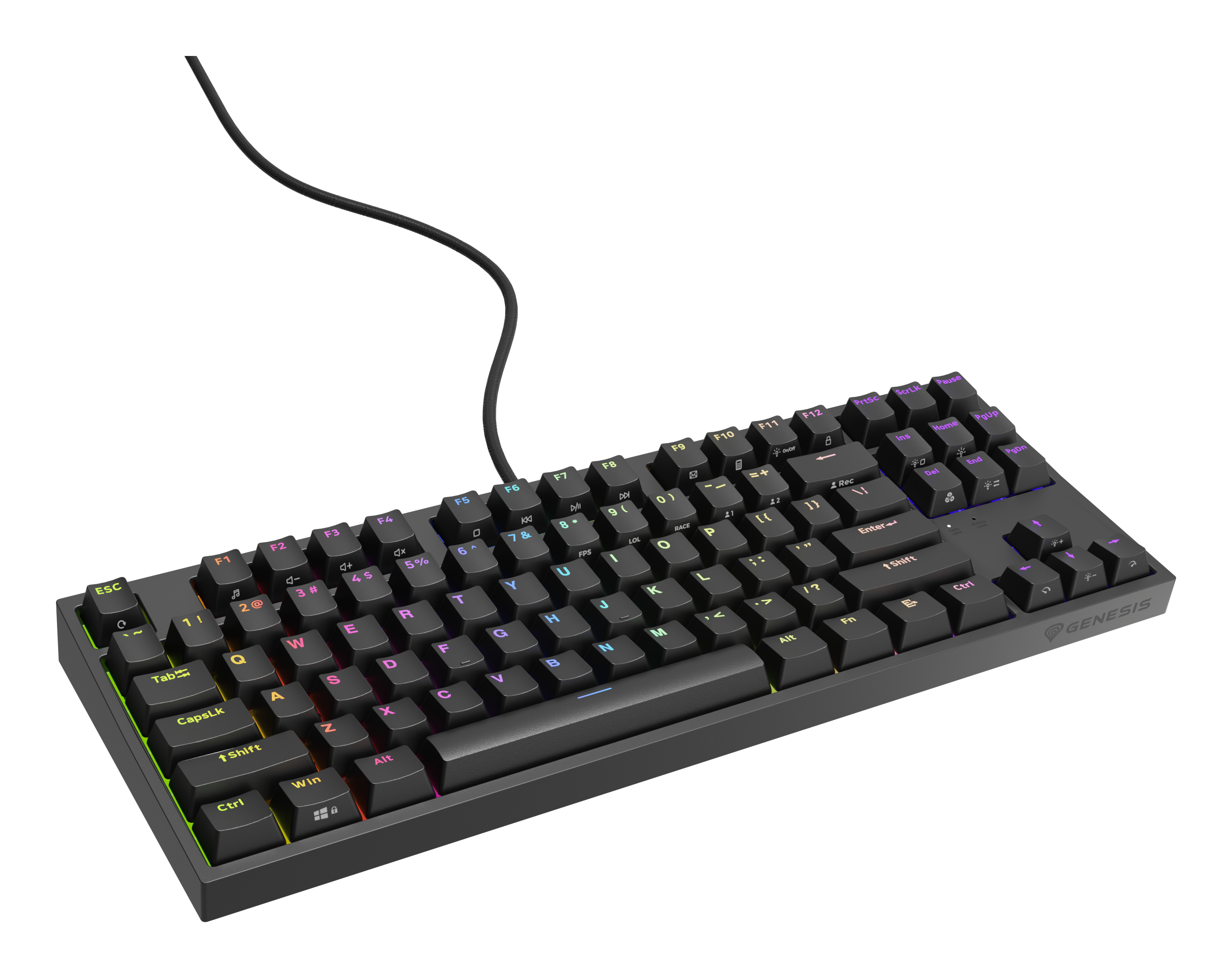 A black keyboard with backlit keys. The keyboard is angled upwards. Isolated on white.
