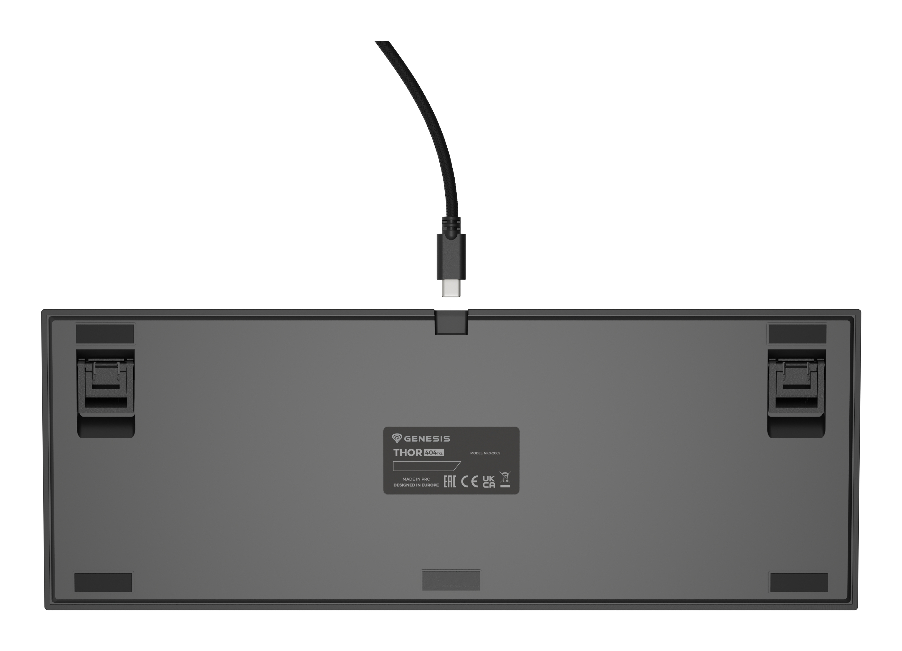 The back of a black keyboard. USB cable and product information are visible.